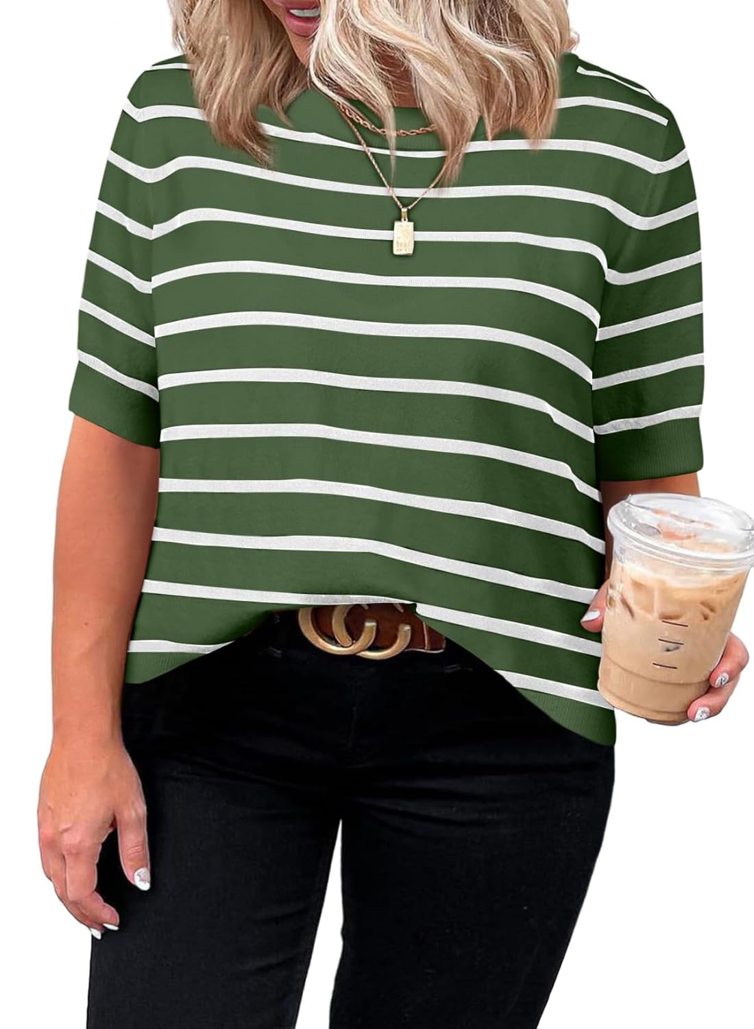 Eytino Women Plus Size Sweater Tops Short Sleeve Crewneck Striped Tshirts Casual Summer Blouses Shirts 1X-5X