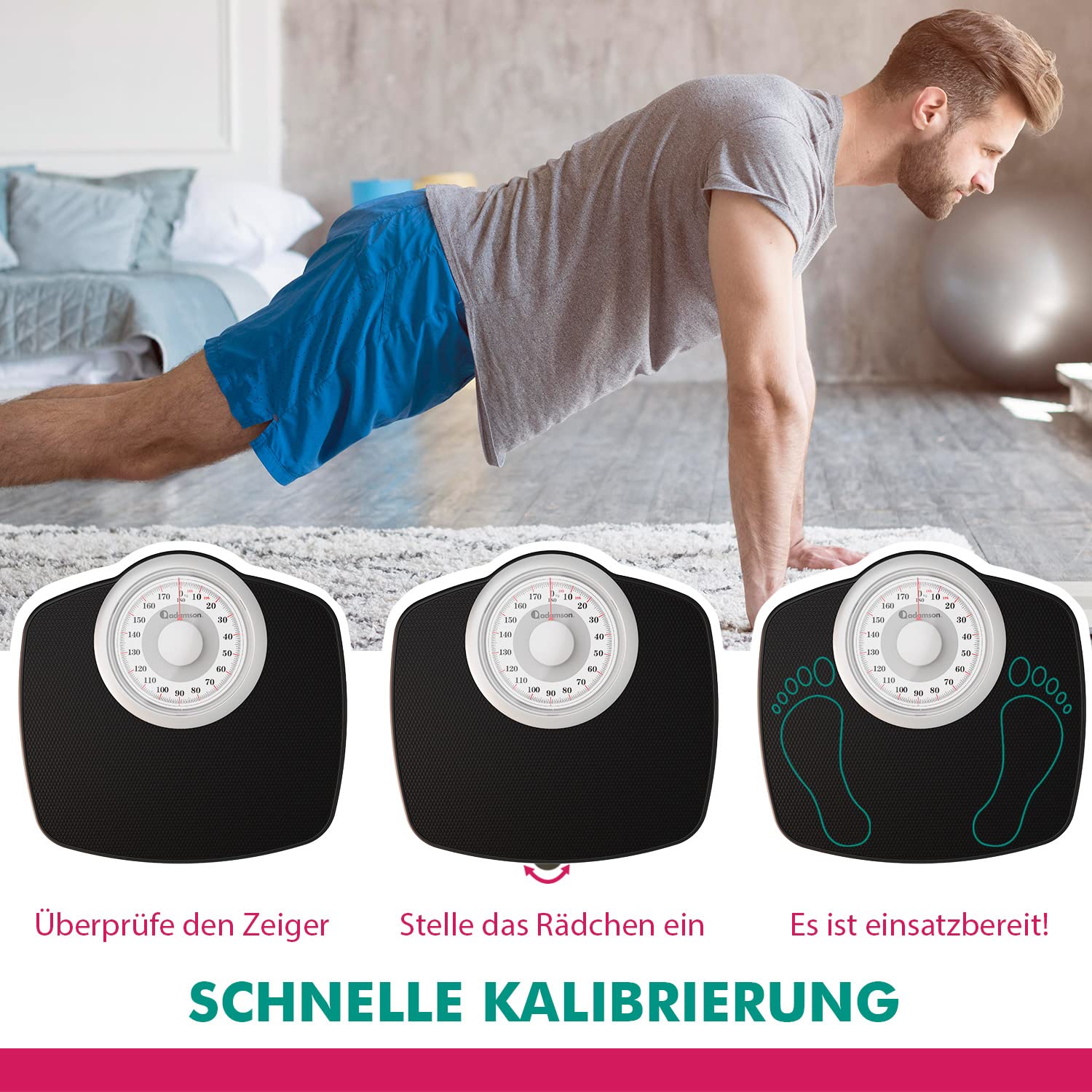 Adamson A25W Analogwaage - NEU - bis 180kg, rutschfeste Gummioberfläche, extra große Ziffern, hochpräzise Personenwaage Analog, langlebig, 20-Jahre Support für Haushalt, Schlafzimmer, Bad