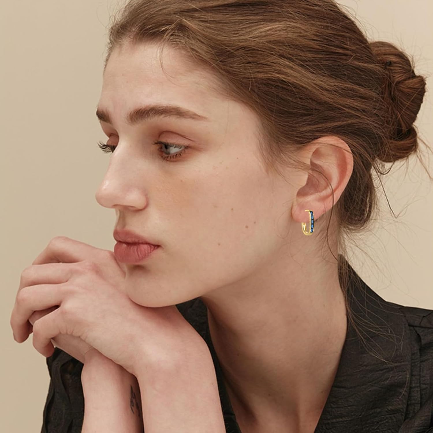 Women's Hoop Earrings 925 Sterling Sliver Cubic Zirconia Huggie Hoop Earrings Baguette Earrings Hypoallergenic Gold Hoop Earrings for Women (Blue) - Image 5