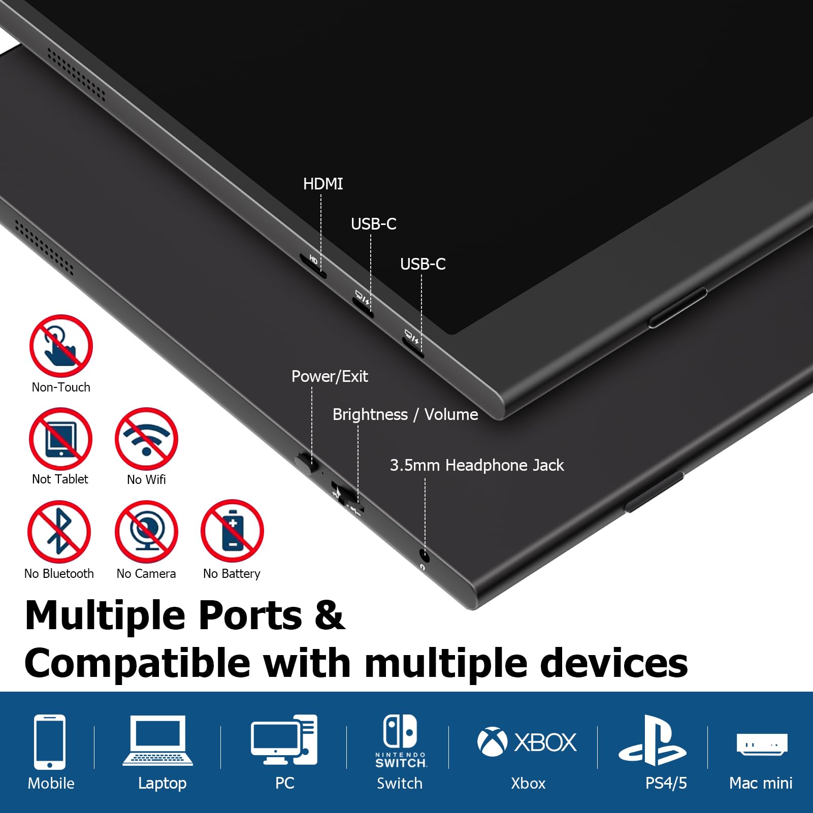 Przenośny monitor 15,6 cala do laptopa – ekran antyodblaskowy FHD 1080P IPS, podwójny USB-C/HDMI, wbudowane głośniki, otwory VESA, przedłużacz ekranu podróżnego, kompatybilny z laptopem, PC