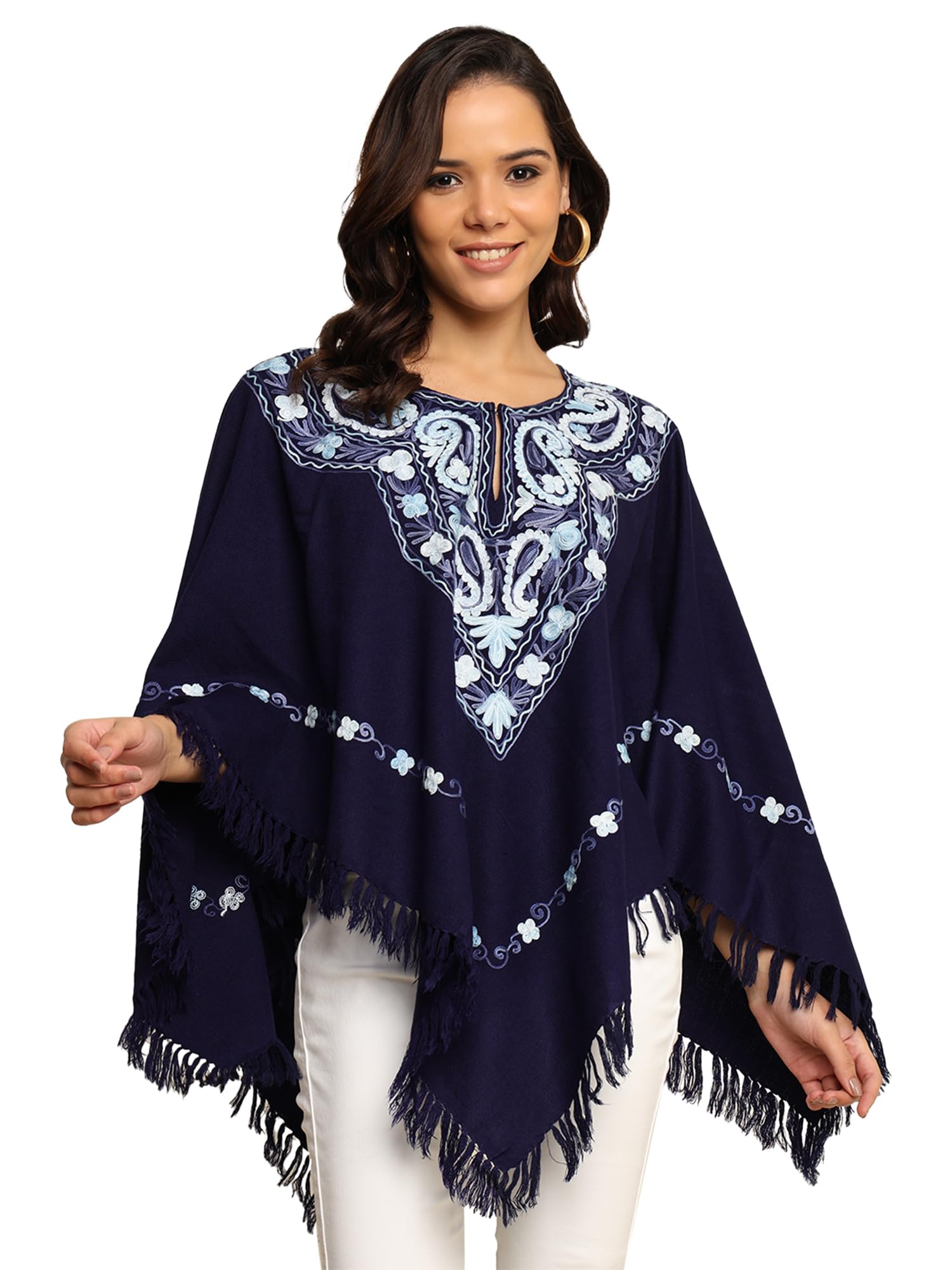 Women's Navy Blue Fringed Poncho with Floral Pattern, One Size-image-38