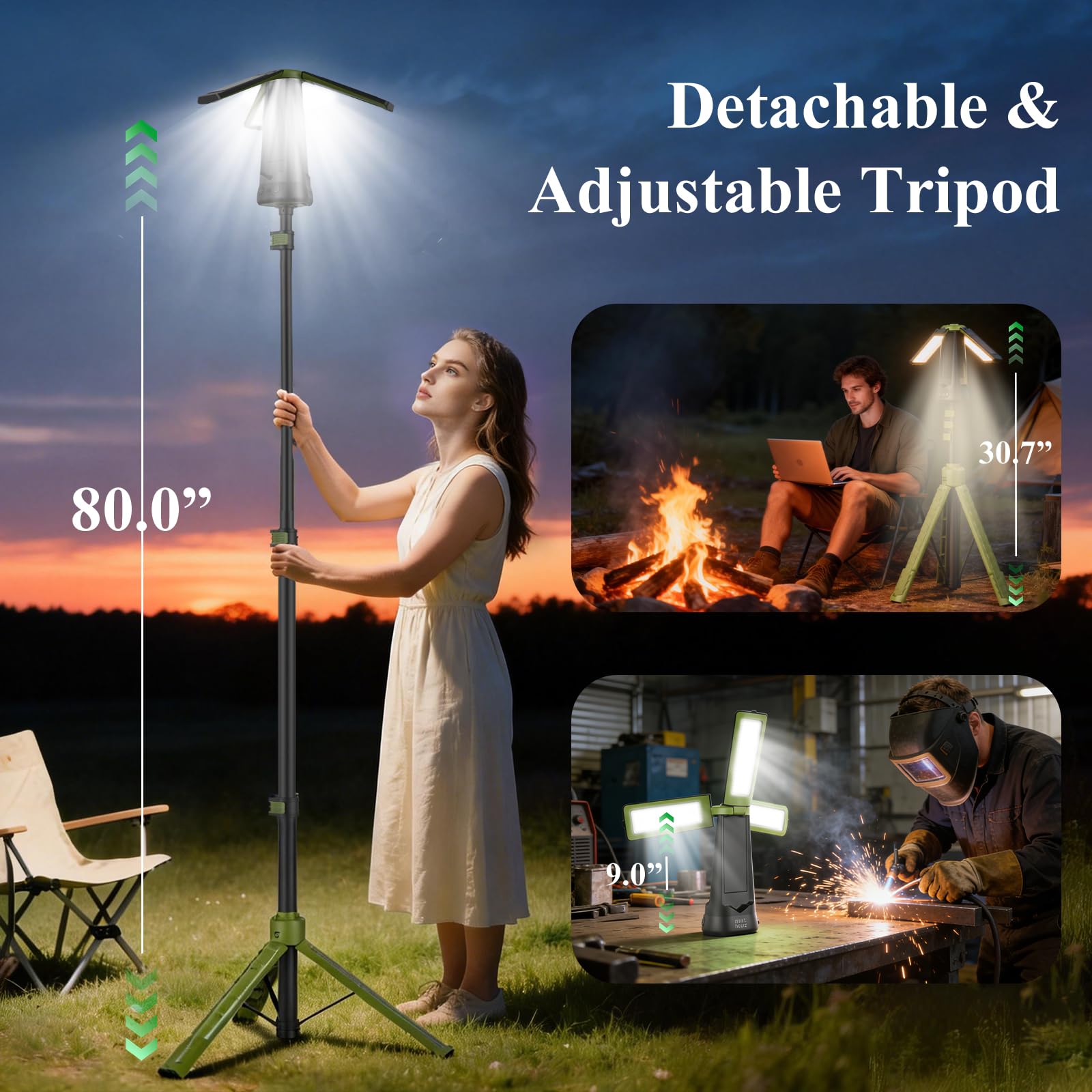 Minthouz Campinglampe Aufladbar mit Stativ, LED Camping Licht Akku & Solar, Tragbare Campingleuchte mit Fernbedienung, Magnetfuß, 5 Lichtmodi für Outdoor, Werkstatt & Notfall | 3 verstellbare Lichtköpfe, 5 Modi, 270°/180° Drehung, Camping Essentials Gear