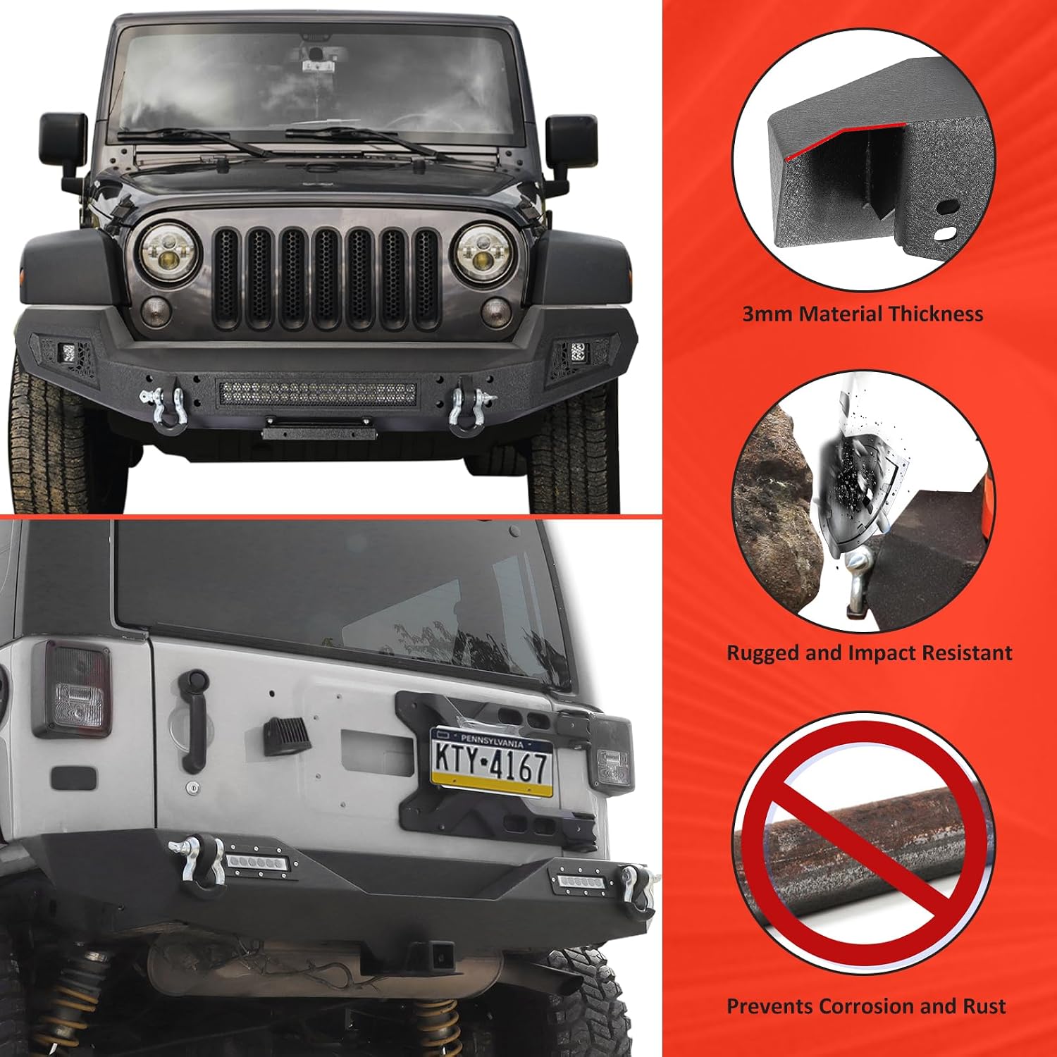 Front Bumper + Rear Bumper Combo Compatible with 2007-2018 Jeep Wrangler JK JKU Unlimited, Full Width Rock Crawler Bumper with Winch Plate & LED Lights & License Plate Frame & D-Ring & Hitch Receiver
