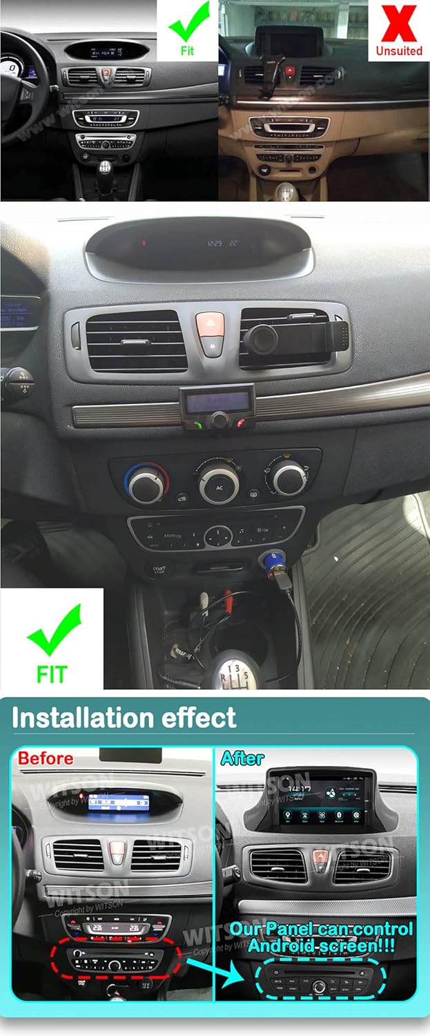 Comparison of car dashboard before and after car stereo installation, showing correct fitment for Renault Megane 3.