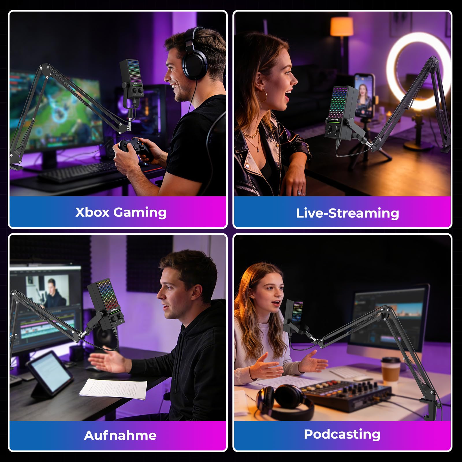 zealsound Xbox Gaming Mikrofon mit Arm, USB Mikrofon für PC, Handy, & PS5 | Rauschunterdrückendes, Mute, Gain-Control, Echtzeit-Monitoring und RGB-Beleuchtung, Plug & Play für Streaming, Podcast, Zoom