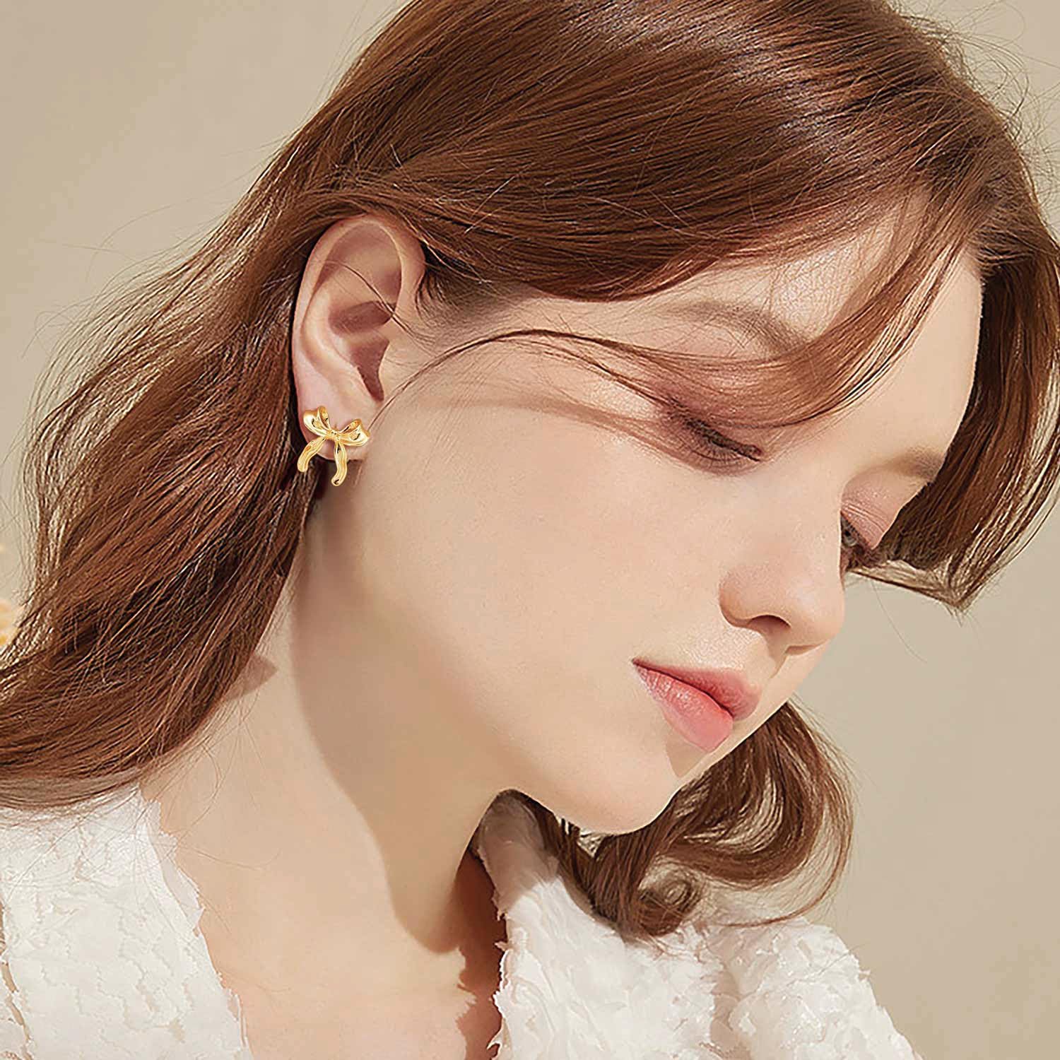 Gold Earrings for Women 14K Gold Studs Earrings for Women Stud Bow Earring for Womens Stud Sweet Bows Design with a Playful Twist Dainty Bow Studs Earring for Womens 21mm - Image 3