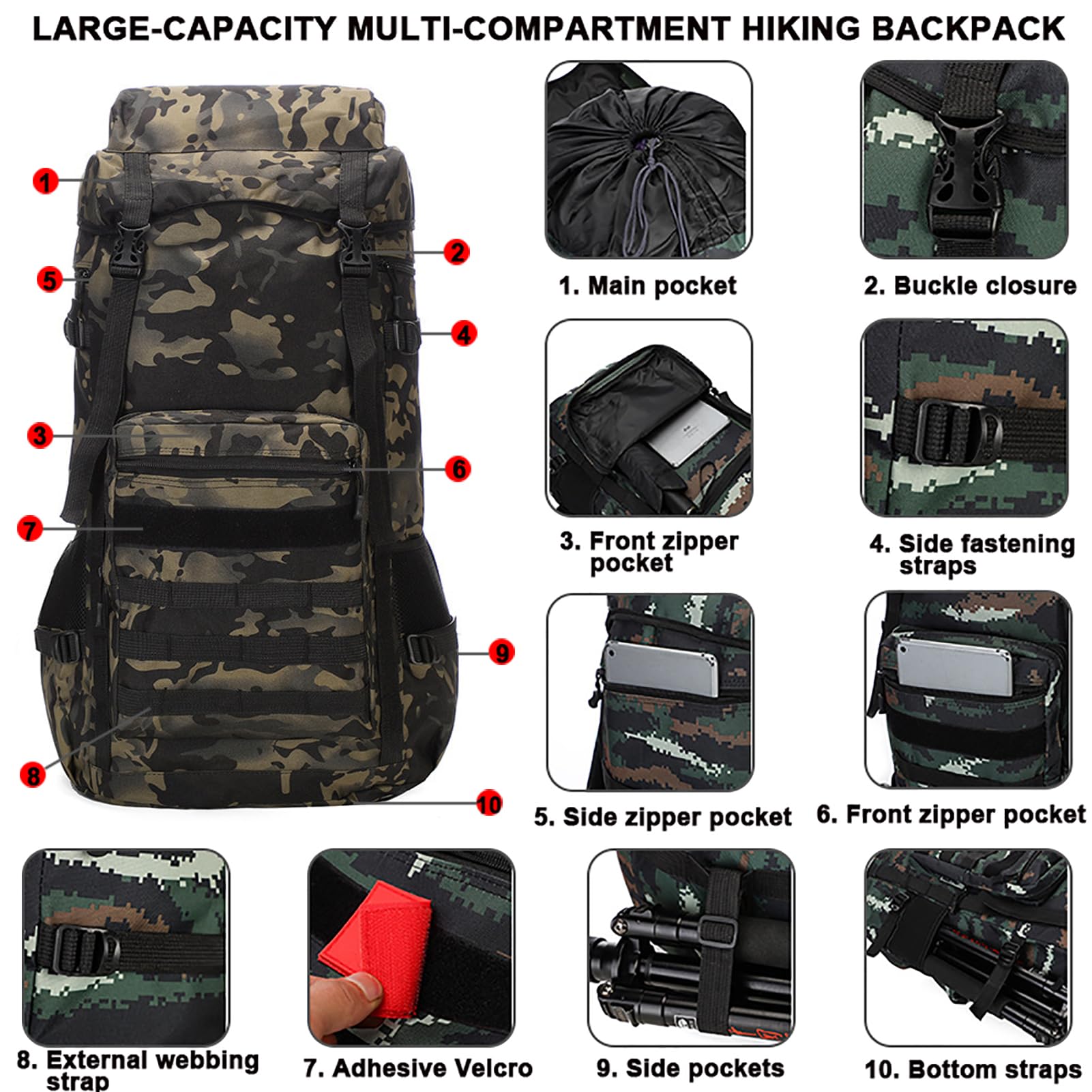 70L Impermeabile Zaino da Trekking, Grand Zaino Tattico Militare, Zaino da Viaggio Sport all'aperto per Arrampicata Campeggio Turismo Caccia alla Pesca Trekking,Ay Camouflage