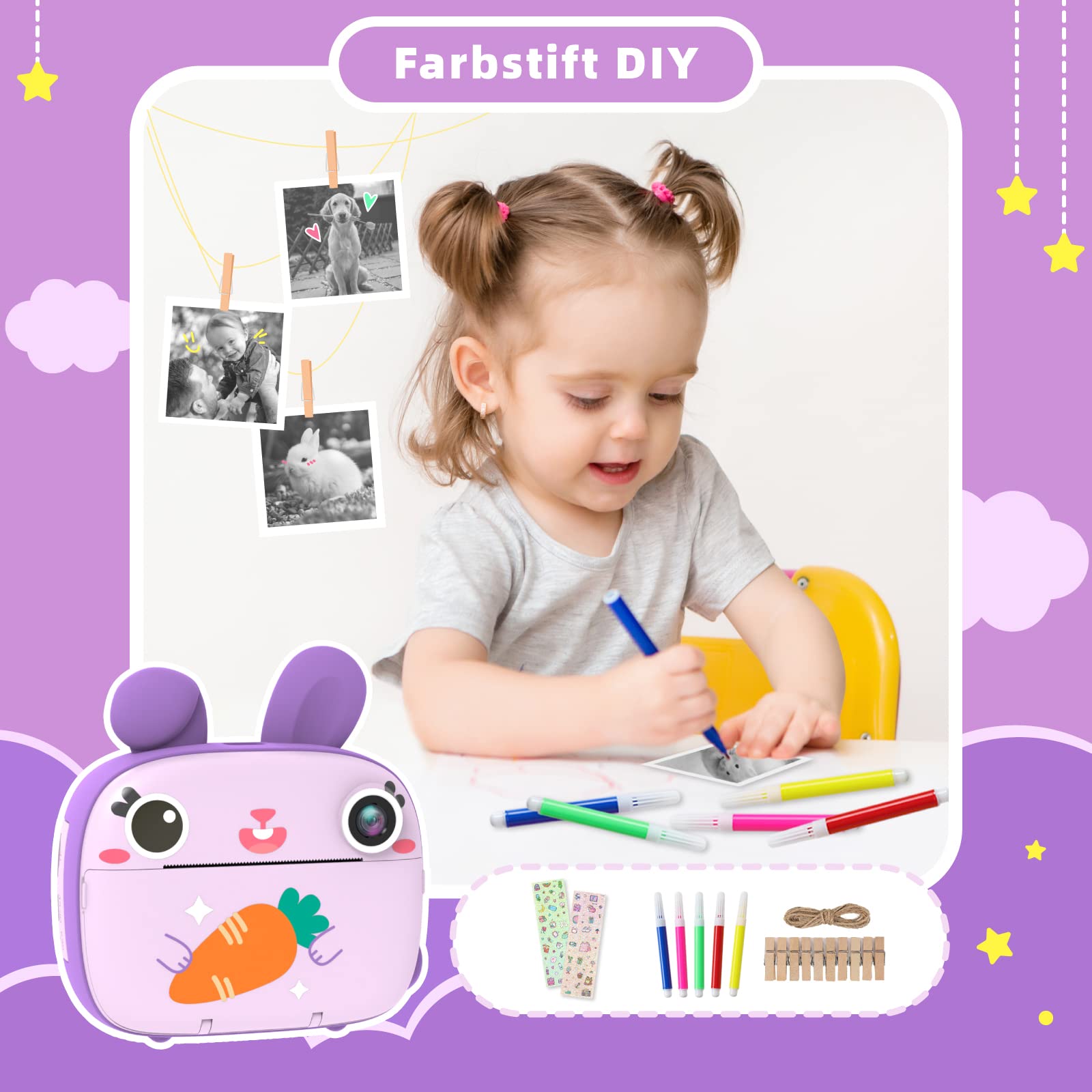 Kinderkamera Sofortbildkamera, CAMCLID Kamera Kinder mit 3 Rollen Thermopapier & 32GB Karte,DigitalKamera & VideoKamera mit 2,4" Bildschirm,Fotokamera Sofortbilder Geschenk für Mädchen Jungen (Lila)