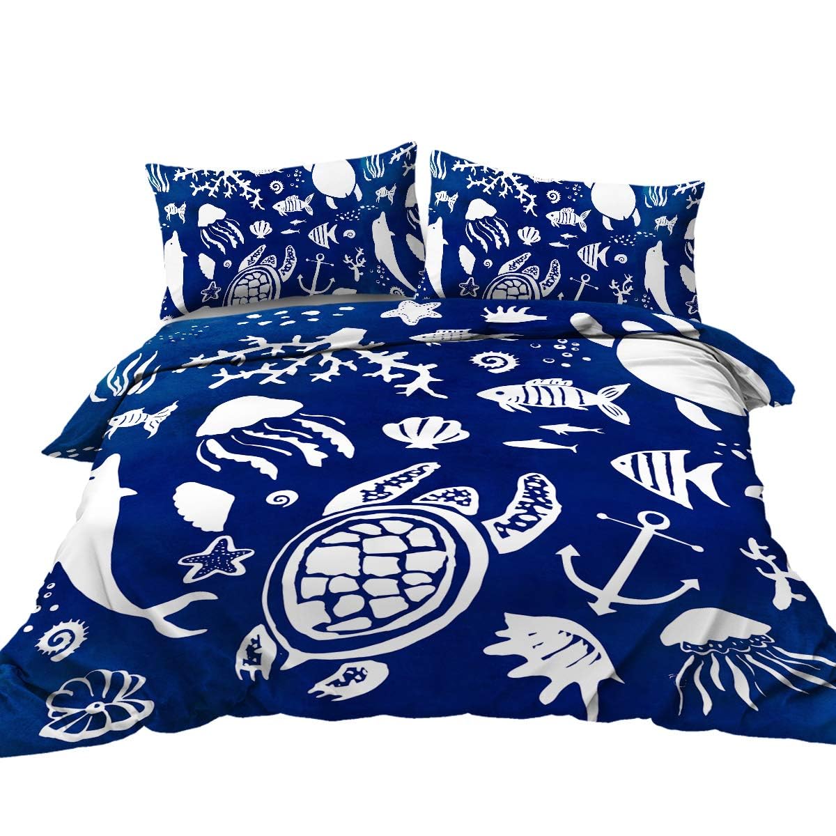 Blessliving 2 Turtle Bedding Set Single Navy Blue And White Sea Life Duvet Cover Set For Kids Ocean Bedspreads 3 Piece Underwater Fish Print Children Quilt Cover