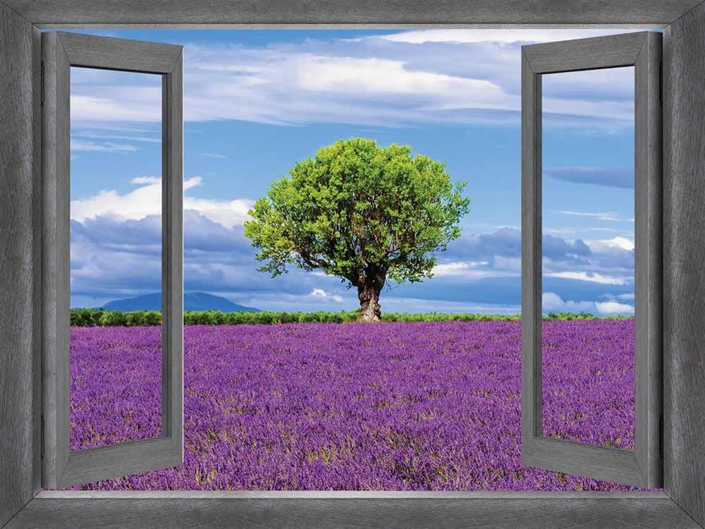 wall26 - Open Window Creative Wall Decor - A Lone Tree Surrounded by a Field of Purple - Wall Mural, Removable Sticker, Home Decor - 36x48 inches