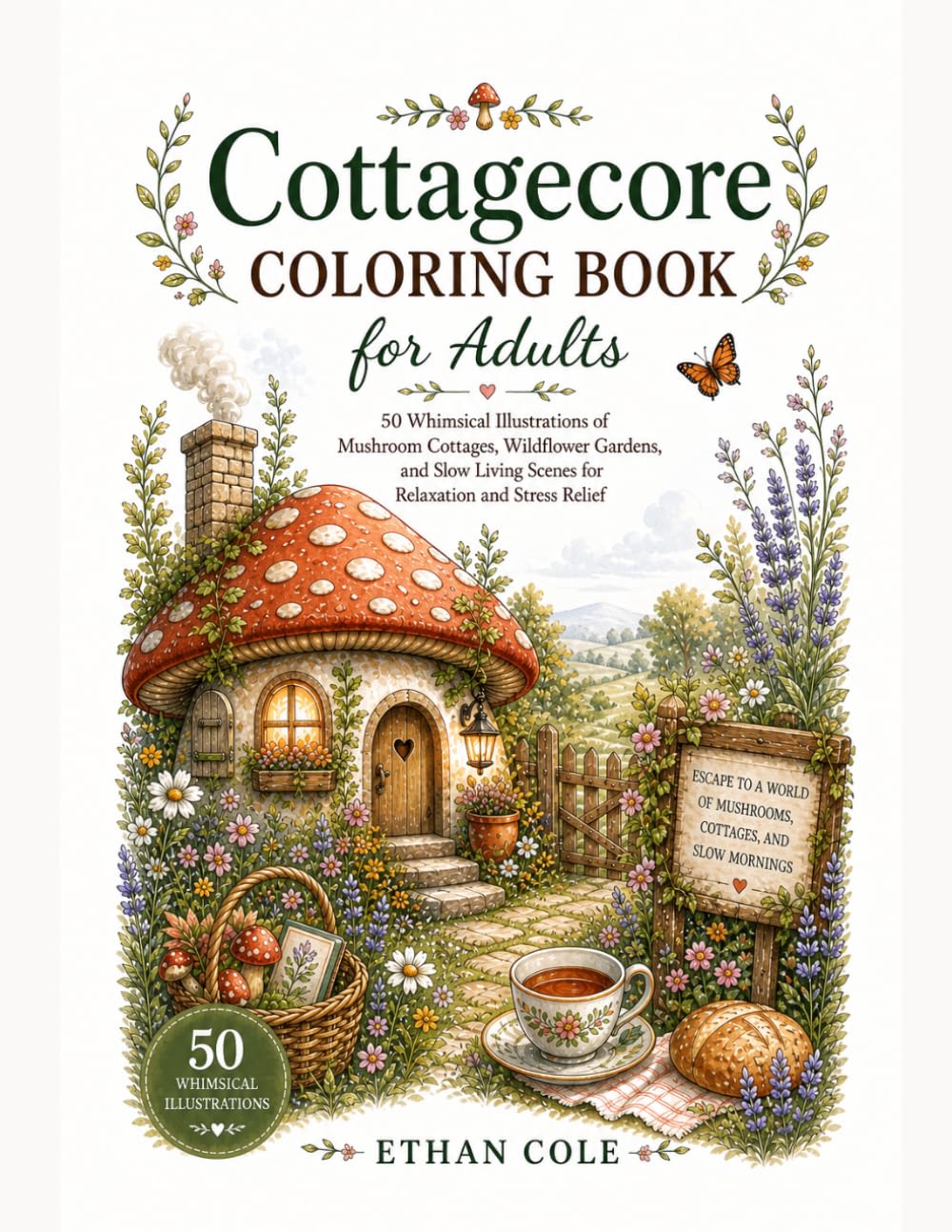 Cottagecore Coloring Book for Adults: 50 Whimsical Illustrations of Mushroom Cottages, Wildflower Gardens, and Slow Living Scenes for Relaxation and Stress Relief