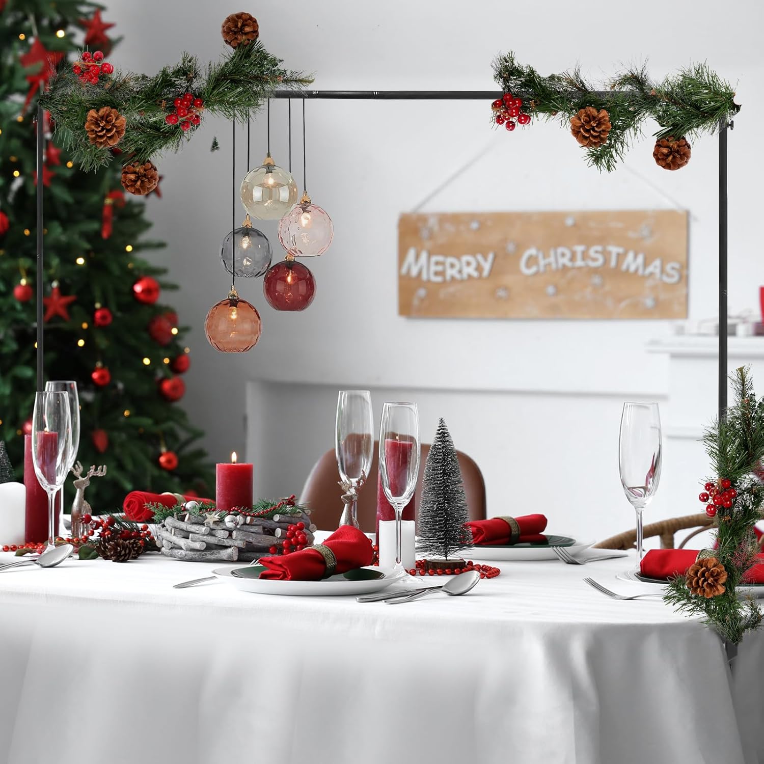 Over The Table Rod Stand with Clamps 29”-54” Tall 37″-124″ Length Adjustable Table Arch Stand Metal Balloon Frame Hanging for Wedding Birthday Party Halloween Christmas Decoration Black