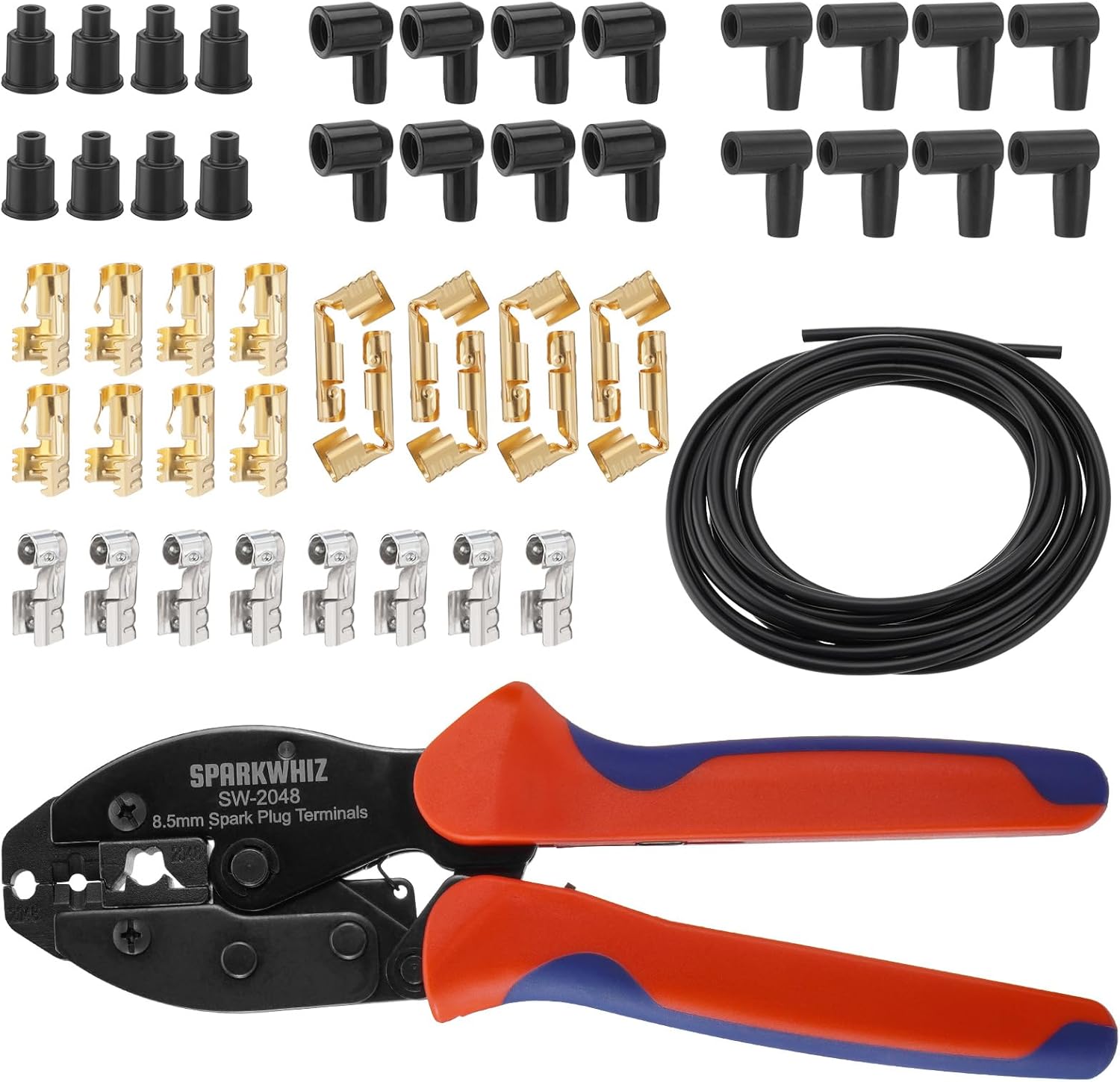 Ratchet Spark Plug Wire Crimping Tool Kit, 180 Degree/90 Degree/Straight Spark Plug Coil Terminals & 24PCS Boots, Ratcheting Wire Crimper Diameter 8.5-8mm (With Spark Plug Wires)