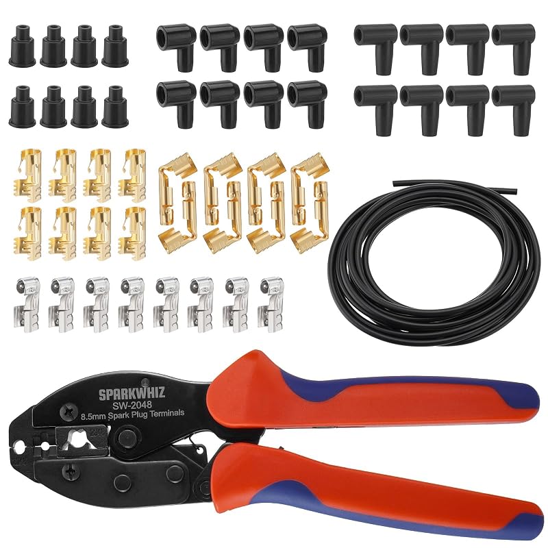 Kit de Alicate Catraca para Crimpagem de Fios de Velas de Ignição SPARKWHIZ com Terminais Retos, 90° e 180° e Fios de Vela, 24 peças