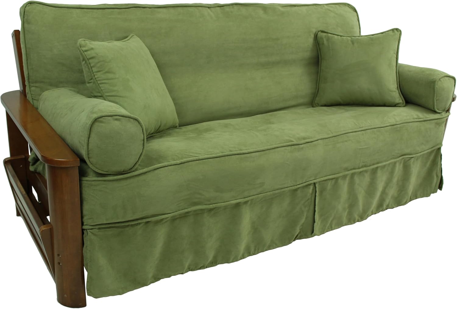 Blazing Needles Solid Microsuede Double Corded 8" to 9" Futon Slipcover Set with 4 Throw Pillows (Set of 5), Full, Sage Green