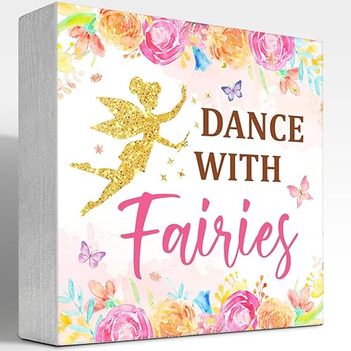 Letrero de madera con texto en inglés "Dance with Fairies" para decoración de escritorio, decoración de escritorio con diseño floral de acuarela