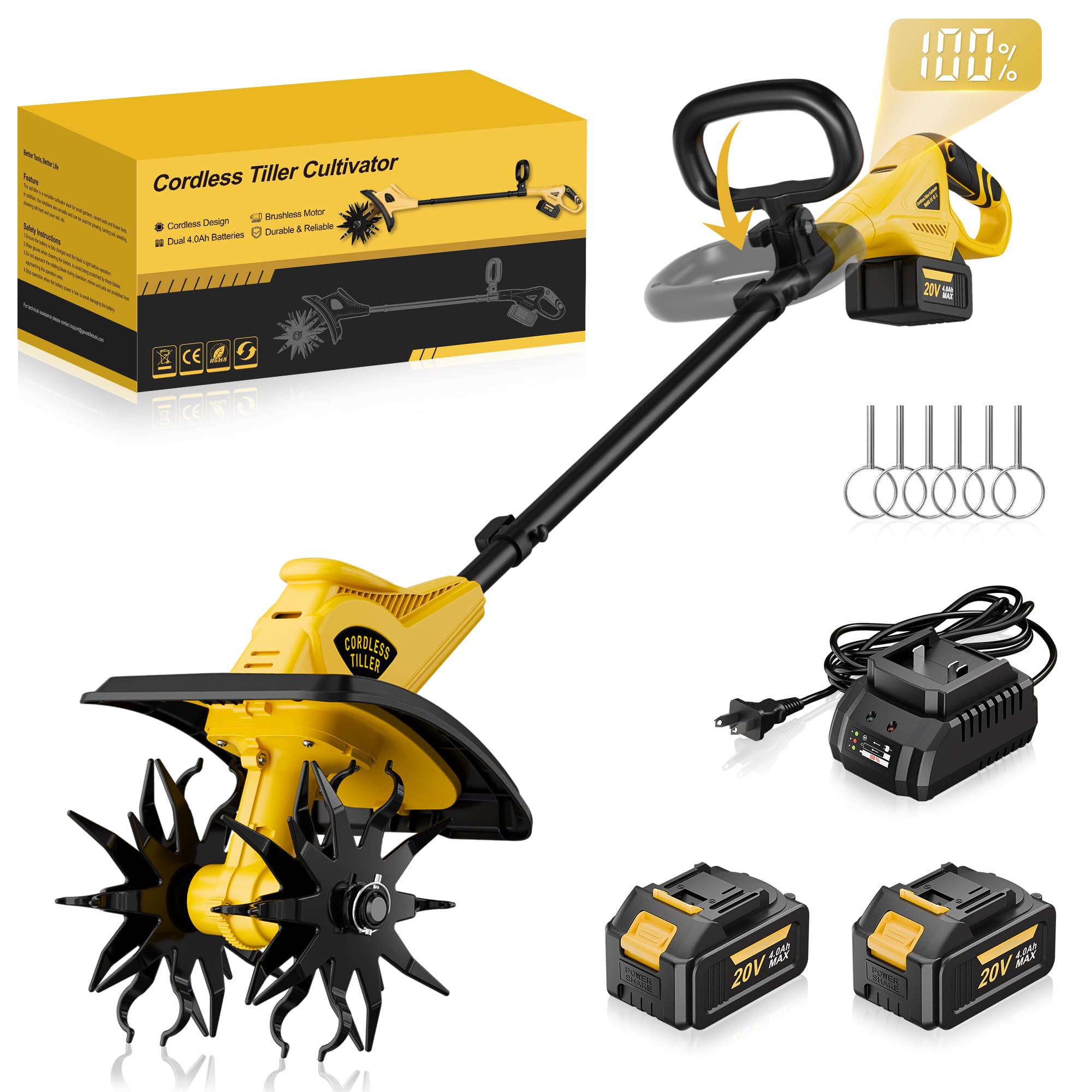 OFISPEED Cordless Tiller Cultivator, 12' Tilling Width, 8' Depth, 2x4.0Ah Batteries