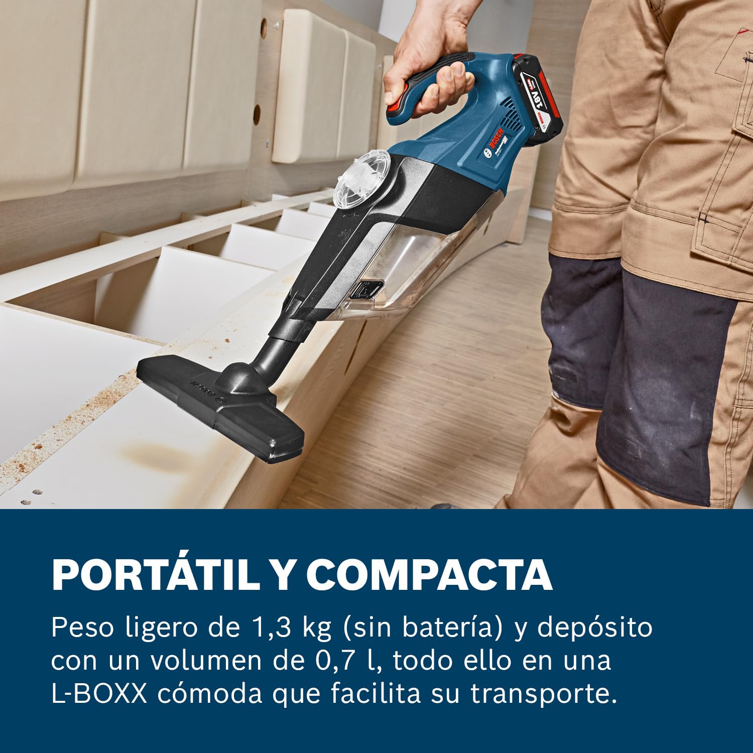 Bosch Professional 18V System aspirador manual a batería GAS 18V-1 (incl. tubo de aspiración, boquilla para ranuras, boquilla para moqueta, volumen del depósito 1 l, sin batería/cargador)