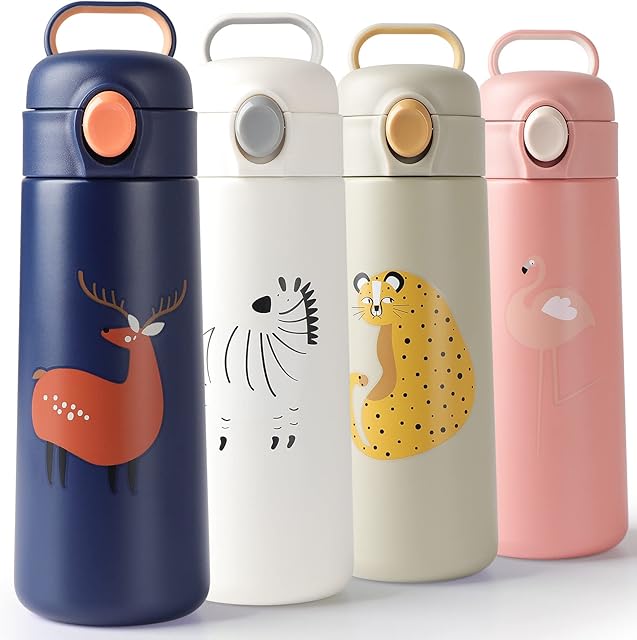 CodiCile Travel Mug,Kids Water Bottles with Leakproof Lid,Carryig Ring Insulated Coffee Cup for Hot and Cold Drinks,Stainless Steel Travel Coffee Mug -Flask for Kids, Adults (420ML, Blue Deer)