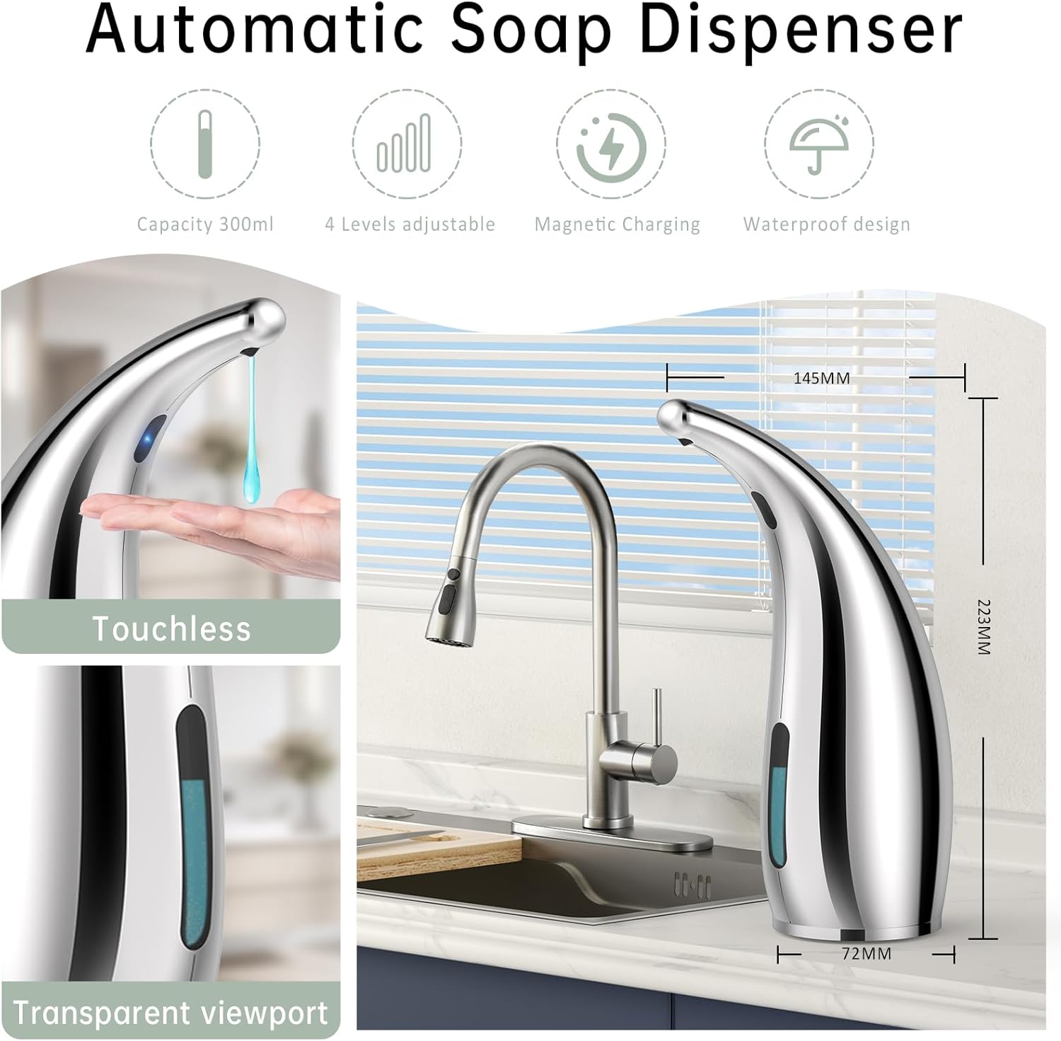 Automatic Soap Dispenser Touchless,300ML Hand & Dish Countertop Electric Liquid Rechargeable Dispenser with Sensor,Modern 4 Gear Adjustable Waterproof Kitchen Auto Soap Pump（Silver）