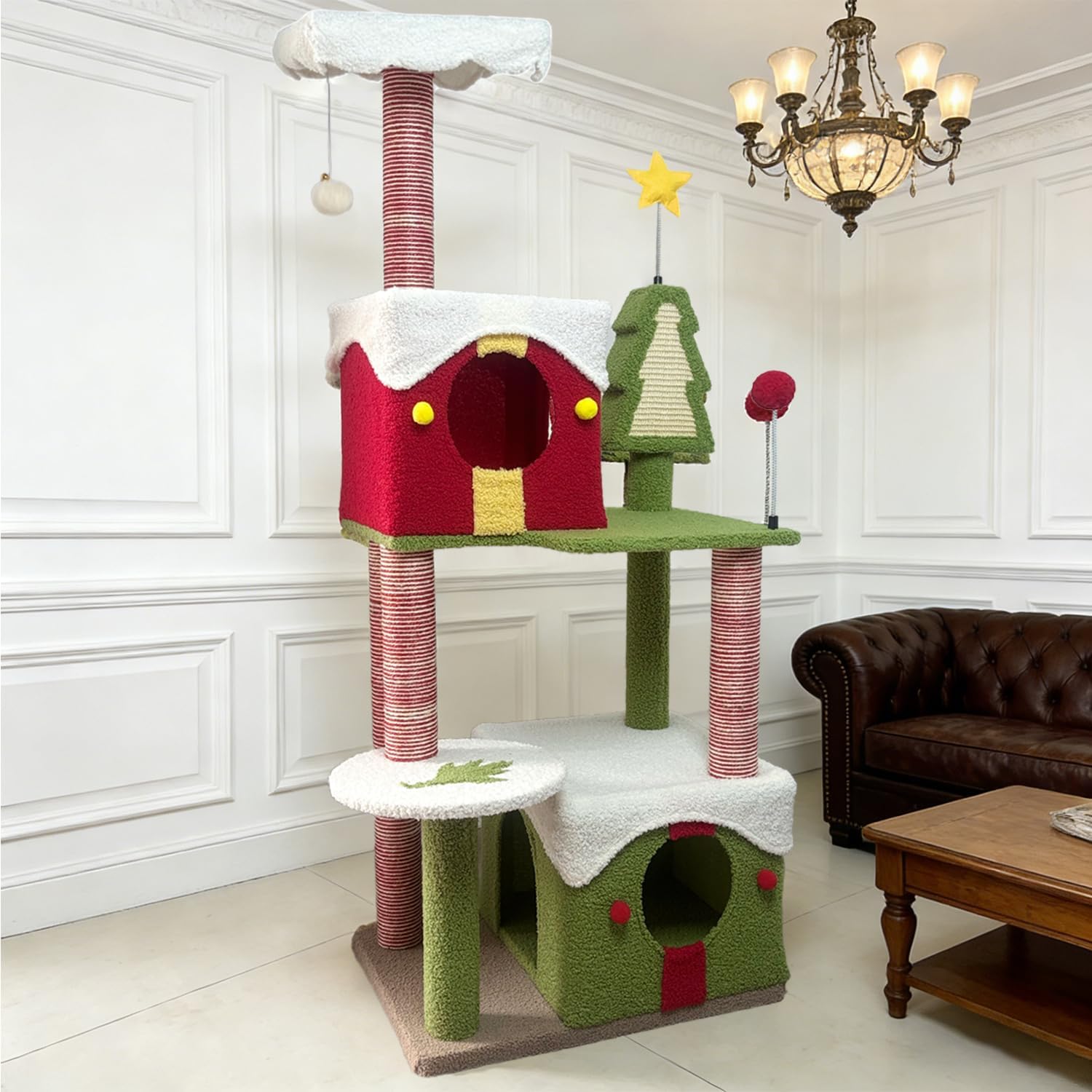 Cat Tree Tower with Cozy Condos, Multi-Level Green Cat Tower with Scratching Posts, Cat House Furniture with Snow Roof & Tree Design, Stable Cat Playground for Indoor Cats