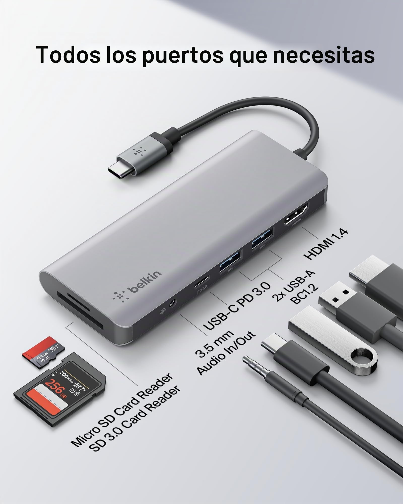 Belkin Hub USB C, 7 en 1 adaptador multipuerto con 4K HDMI, USB-C 100W PD carga pass-througn, 2 USB A, audio de 3,5 mm, ranura SD 3.0 y Micro SD 3.0 para MacBook Pro, Air, iPad Pro, XPS y más | Amplía la conectividad USB-C de laptop para MacBook, iPad Pro