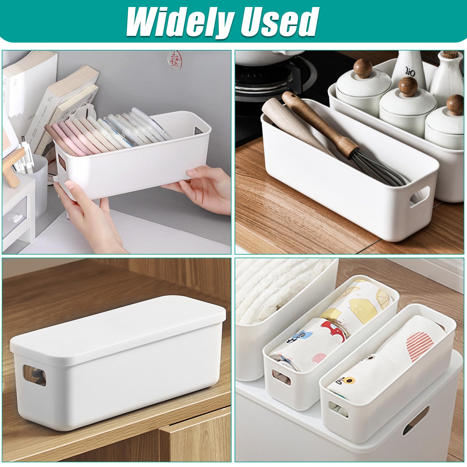 2 Pezzi Cestino Portaoggetti Plastica con Coperchio, Scatole Immagazzinaggio Rettangolari, Scatola Portaoggetti con Maniglie Portaoggetti Box Organizzatore per Cucina, Bagno, Cosmetici (28×9,5×10cm)