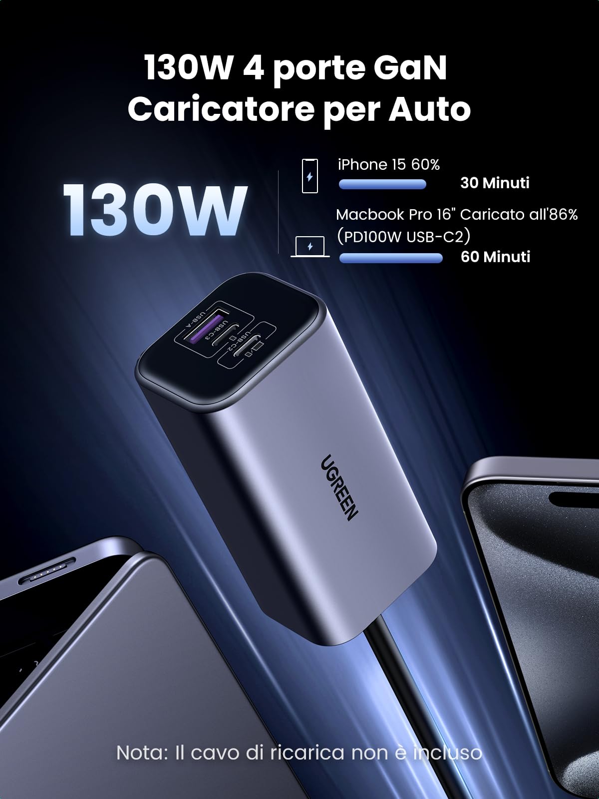 UGREEN 130W Caricatore Auto USB C GaN Presa USB C PD 3.0 QC 4.0 PPS | Caricabatterie Accendisigari 4 Porte Ricarica Rapida Compatibile con iPhone 17 16 15 MacBook M5 M4 M3 M2 M1 iPad Galaxy S26