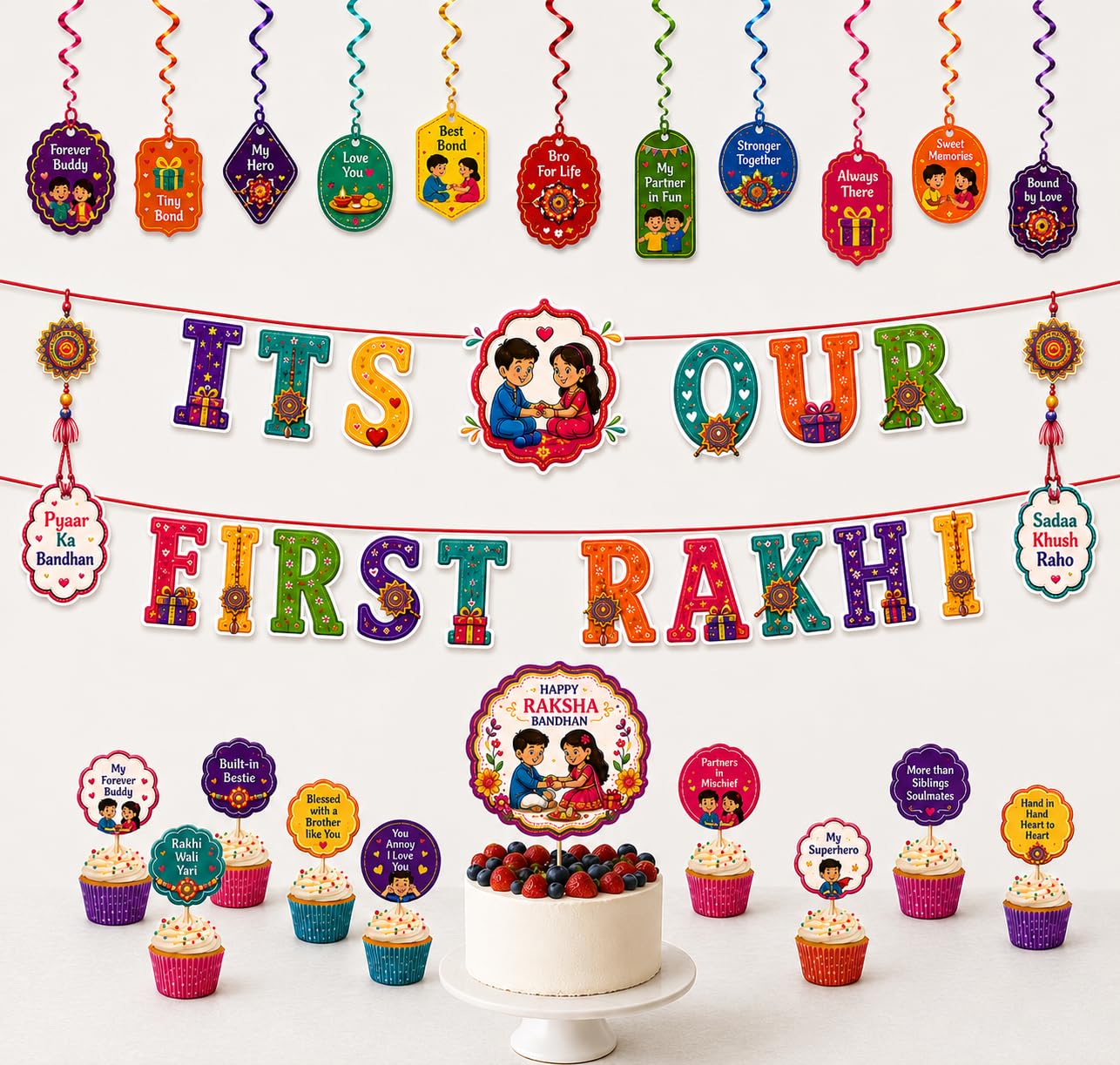 Happy Raksha Bandhan First Rakhi Decoration items Kit 24 PCS | Baby's First Rakhi Party Decoration Combo with Banner,Cake Topper,10 Cupcake Toppers &12 Hanging Swirls for Home Celebration-image-31