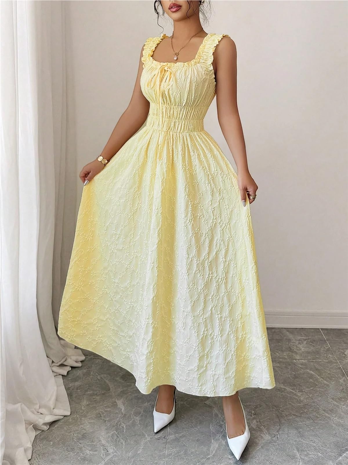 Vestido de Playa Vestidos Casuales for Mujer Sólido Amarillo Smocked Chic Primavera Verano Fiesta Fecha Vacaciones