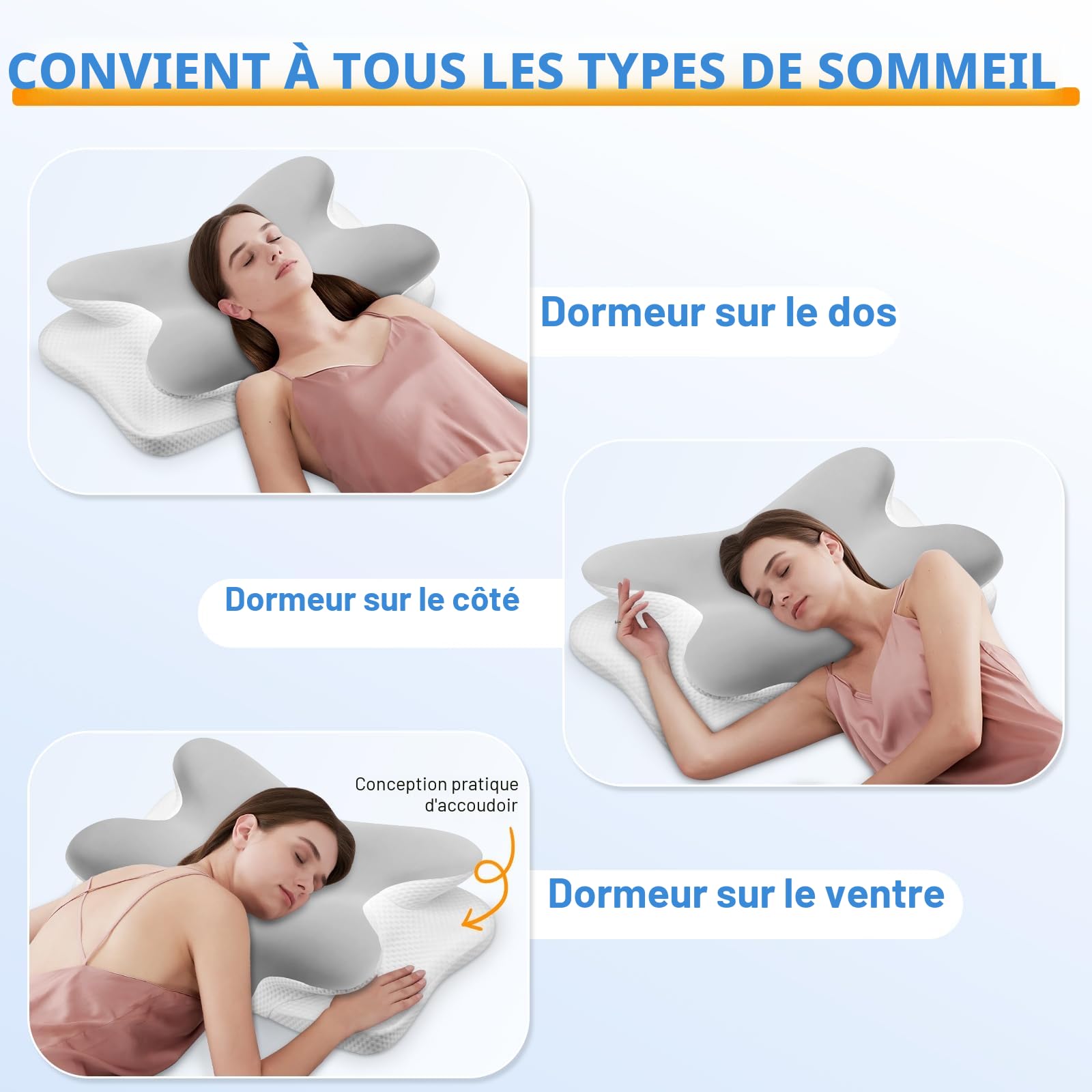 Ehomfory Oreiller Ergonomique Cervical, 2 en 1 Oreiller Memoire Forme pour la Nuque, pour Dormir sur Le côté, Le Dos et Le Ventre, Argent