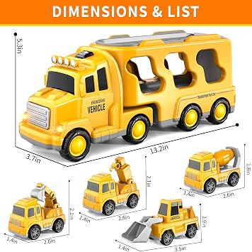 5 in 1 Construction Vehicles Toy for Boys Ages 3 4 5 Years and Up, Car Transporter Truck with 4 Small Cars, Friction Crane, Mixer, Buldozer, Excavator, Gift for 2 3 Year Old Children