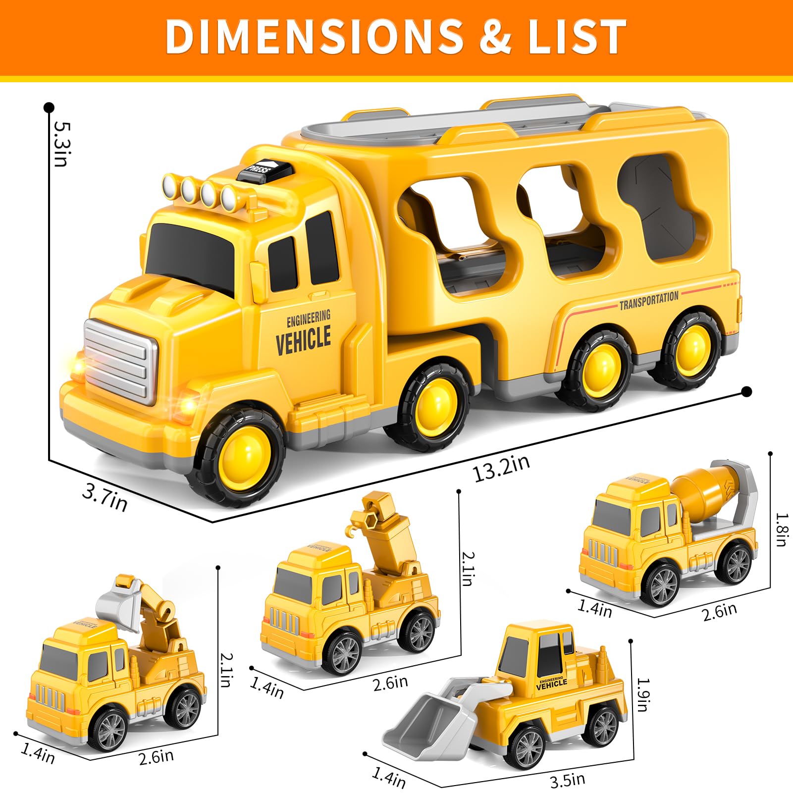 5 in 1 Construction Vehicles Toy for Boys Ages 3 4 5 Years and Up, Car Transporter Truck with 4 Small Cars, Friction Crane - Image 2