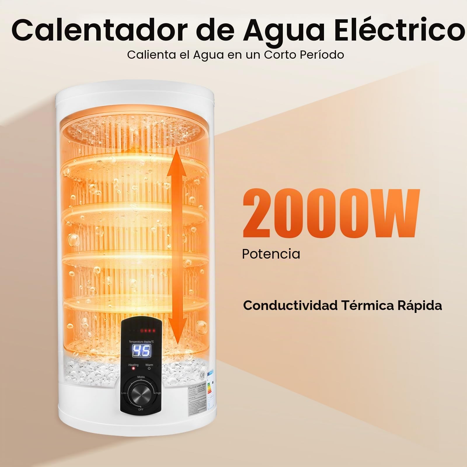 Termo Eléctrico 50 Litros, Calentador de Agua Eléctrico Vertical Seguro Duradero con Luz Piloto y Ducha de Mano, 34 x 71 cm - Termo de Agua Electrico para Tanques de Cocina, Baños