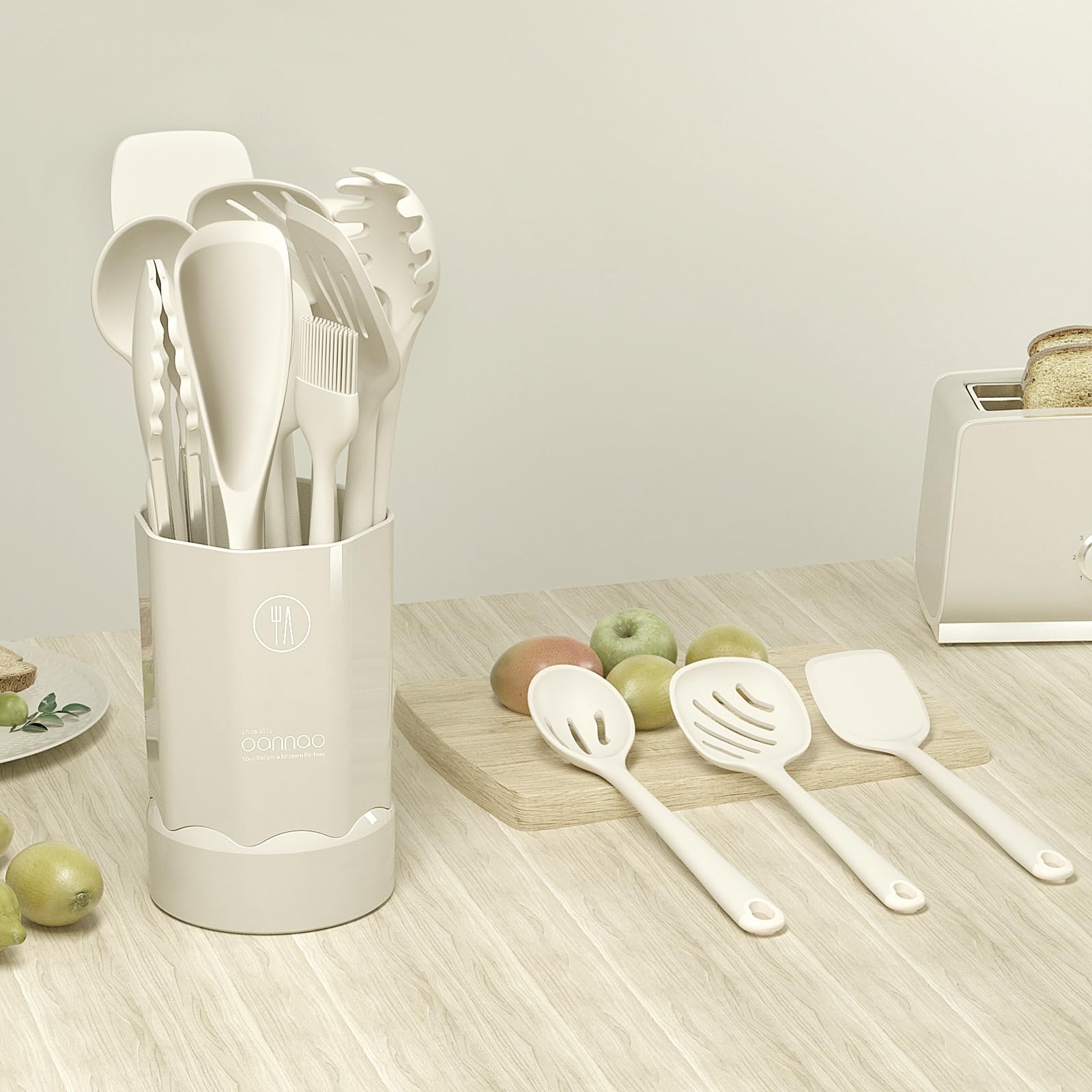 Set di utensili da cucina in silicone, resistenti al calore, spatola, cucchiaio, frusta, pinze, utensili da cucina per pentole antiaderenti, lavabili in lavastoviglie, senza BPA (bianco crema)