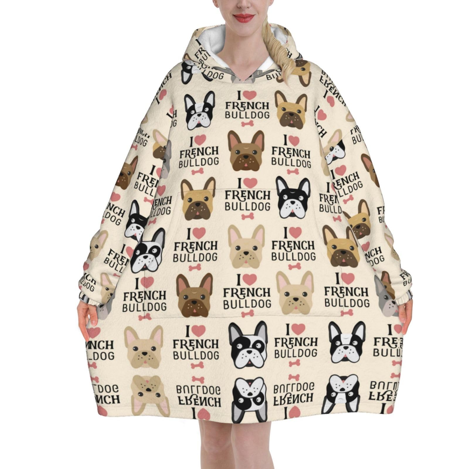 Poadnly Unisex As Picture French Bulldog Seamless Pattern In Vintage Style,Women's Oversized Wearable Blanket Hoodie, Blanket Sweatshirt,Flannel Pullover Blanket