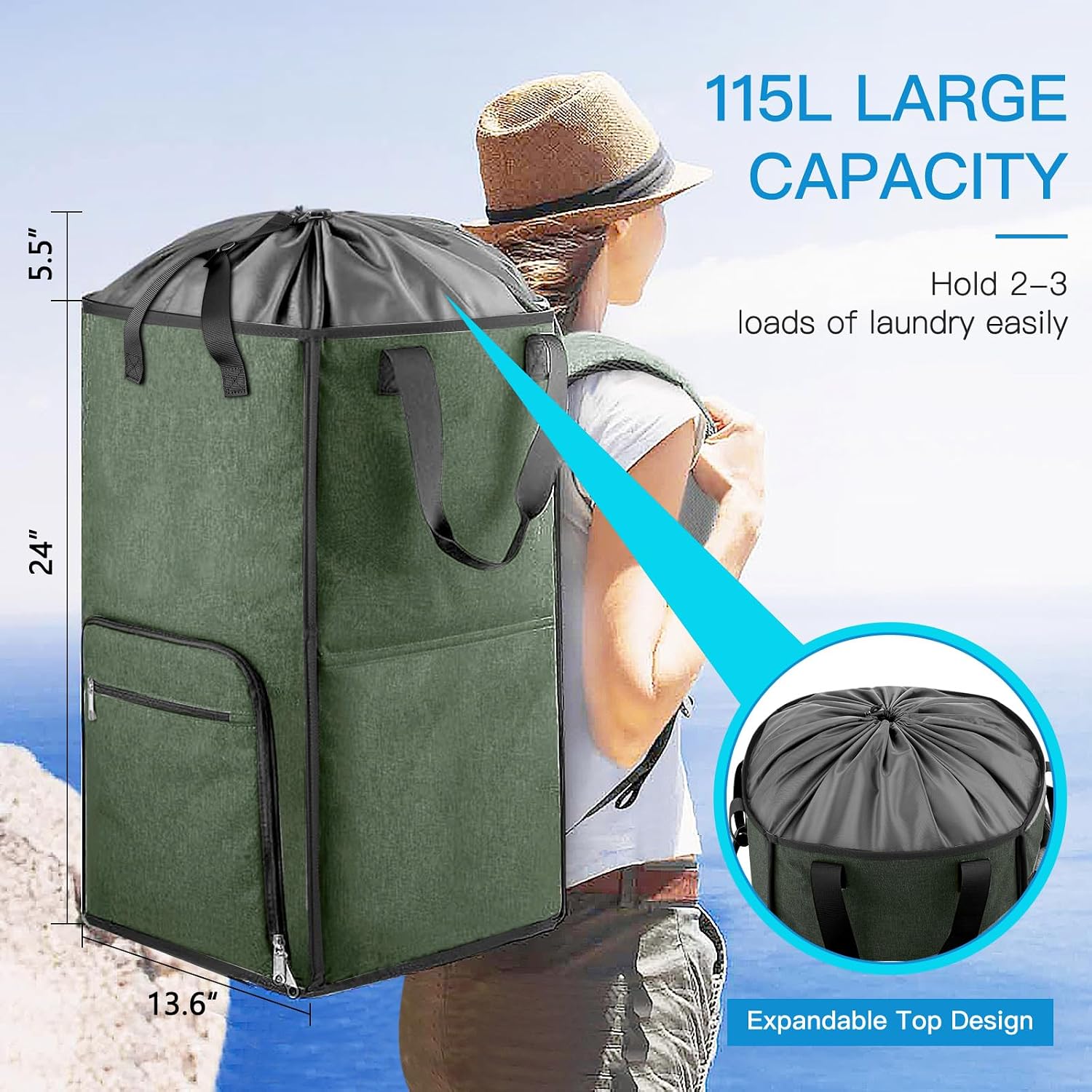 Laundry Backpack Bag, Bukere Extra Large 2 in 1 Laundry Hamper Basket for College Students Dorm Essentials, Adjustable Shoulder Straps, Freestanding Laundry Bag for Apartment, Laundromat, Travel