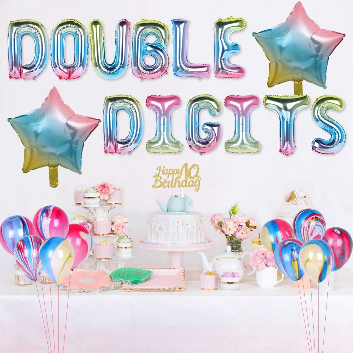 Rainbow 10th Birthday Decorations Double Digits Birthday Party Decorations Double Digits Number 10 Star Balloons Cake Topper Happy Birthday Banner Tenth Bday Decors for 10 Years old Girls - Image 4