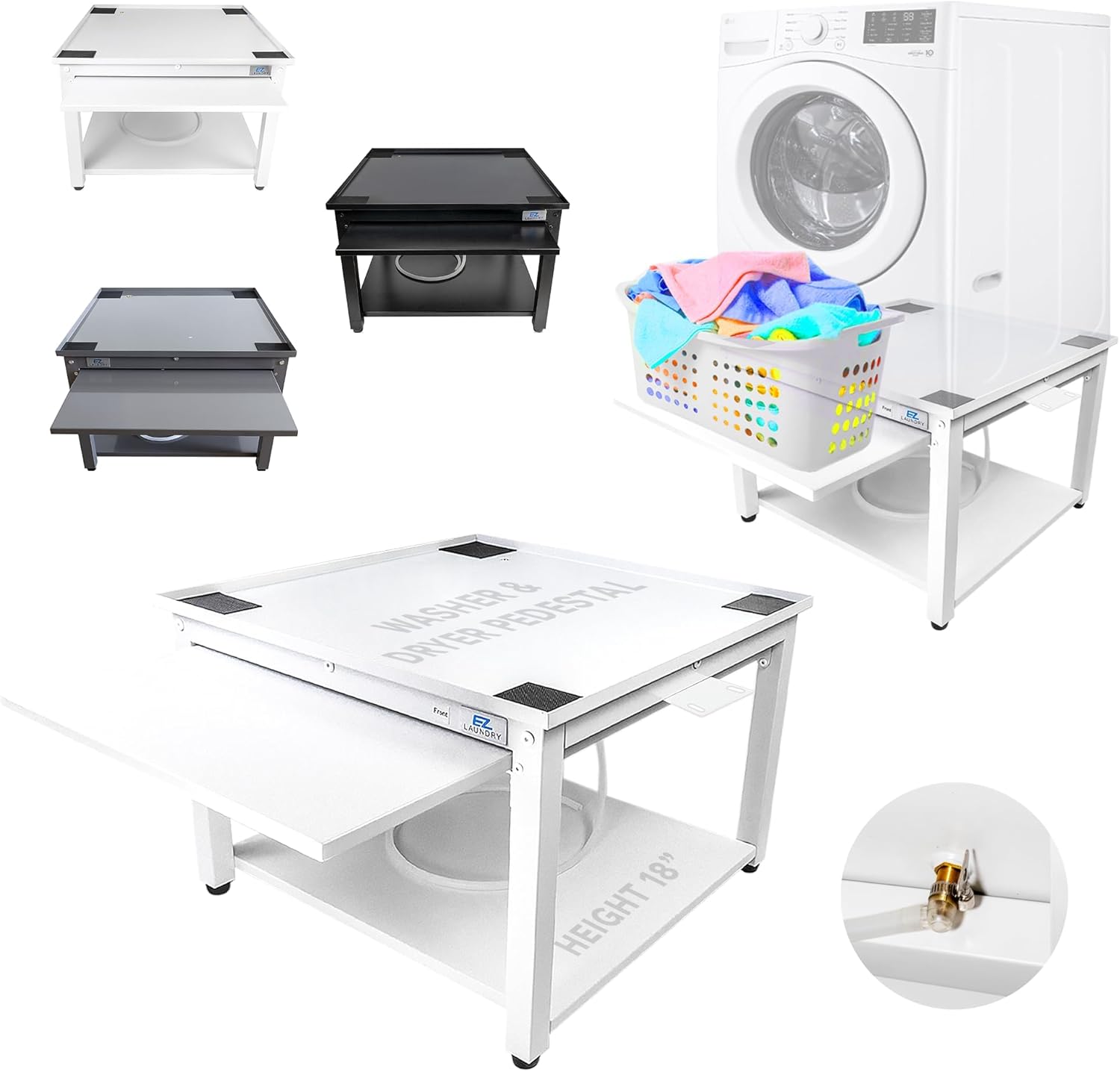 Washer and Dryer Pedestal with Pullout-Shelf – 24″ W, 18″ H, White Steel Universal Fit with Major Brands | Laundry Pedestal with Drain Pan & Hose | Washer Stand for Back Pain Relief, 800 lbs Capacity