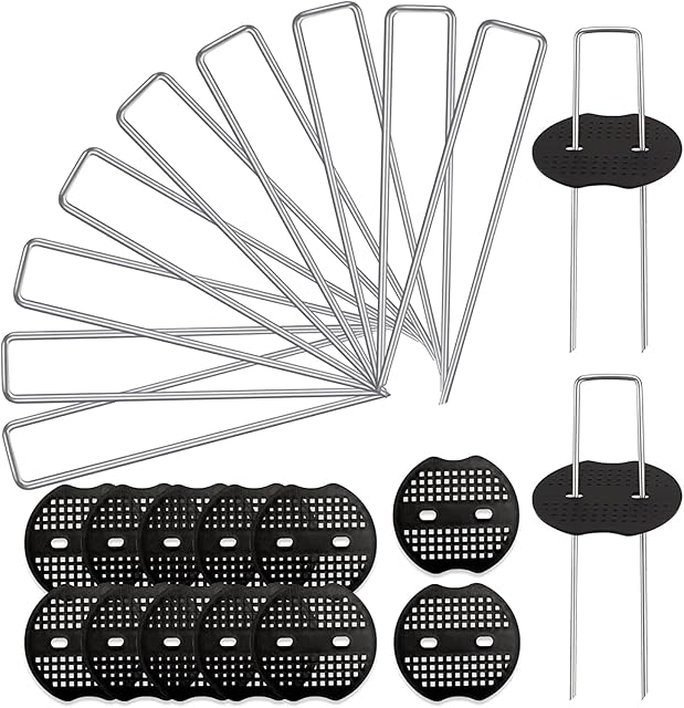 ORGA ECO-FRIENDLY Pack of 100 - Garden Pegs Staples with 50Pcs Buffer Washer Securing Lawn U Shaped Nail Pins, 6''/150mm Ideal for Weed Control Membrane/Fabric/Artifical Grass/Matting/Netting