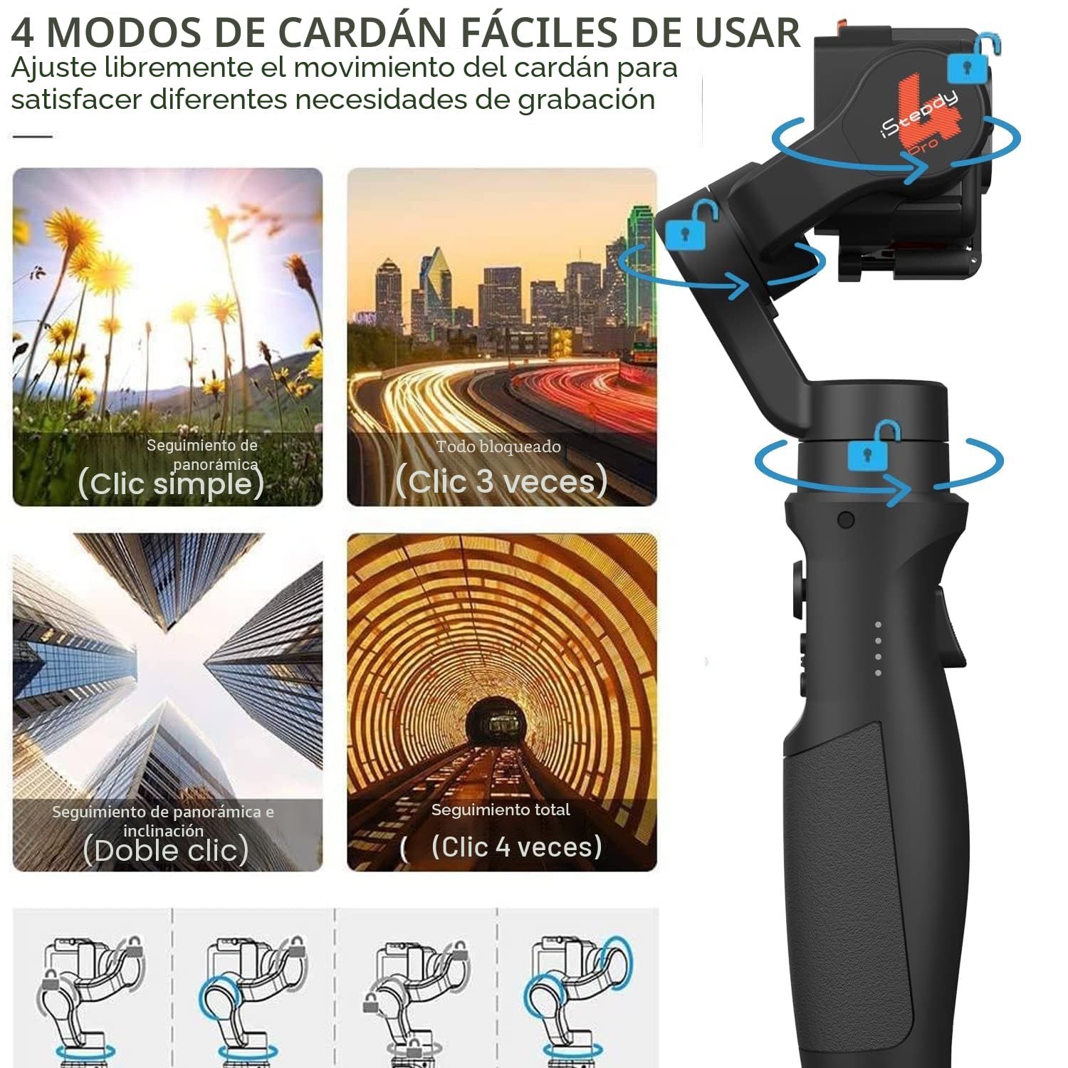 hohem iSteady Pro 4 Estabilizador Gimbal para Gopro Hero 13 12 11 10 9 8 7 6 5 Osmo Action Insta360 One R, Cámara Acción, Clip de Liberación Rápida, IPX4 a Prueba de Salpicaduras, Control Inalámbrico
