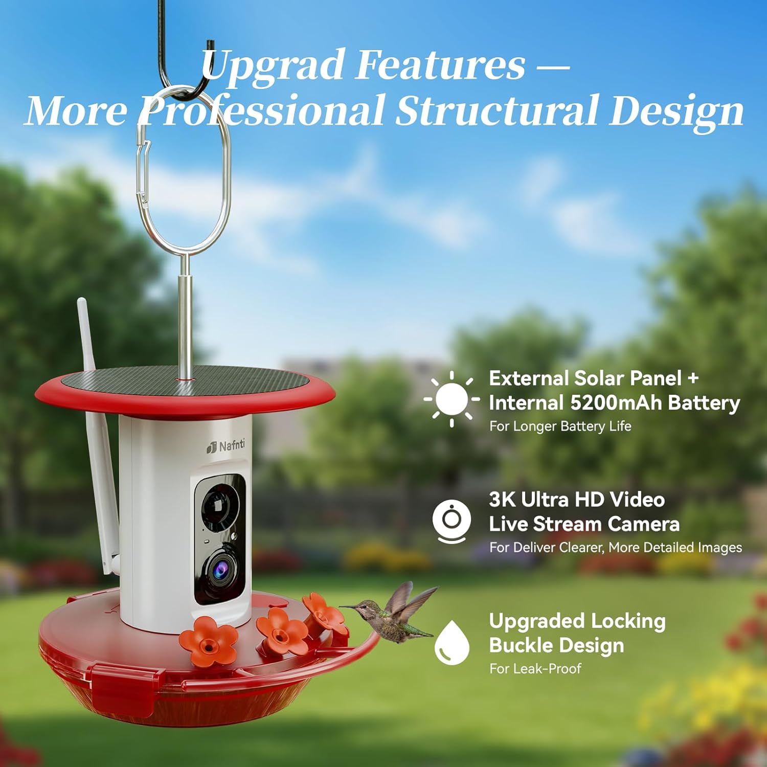Smart Hummingbird Feeder with Camera Solar Powered - Leakproof & Bee Proof, AI Identify Instant Notification, 3K HD Video Live, 5g WiFi Humming Bird Camera Feeder, Gift for Bird Lovers