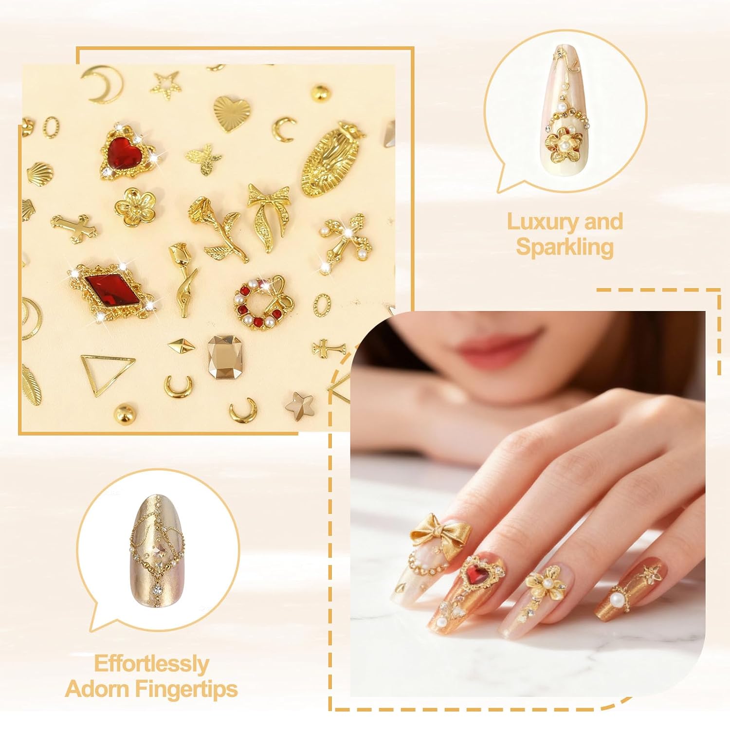SIUSIO Gold Nail Charms and Gems Kit, 5 Boxes Metallic Nail Art Gems Flatback Crystal Champagne Rhinestones Gold Caviar Beads 3D Cross Stars Rose Hearts Virgin Mary Bow Gemstones for Nails Manicure - Image 5