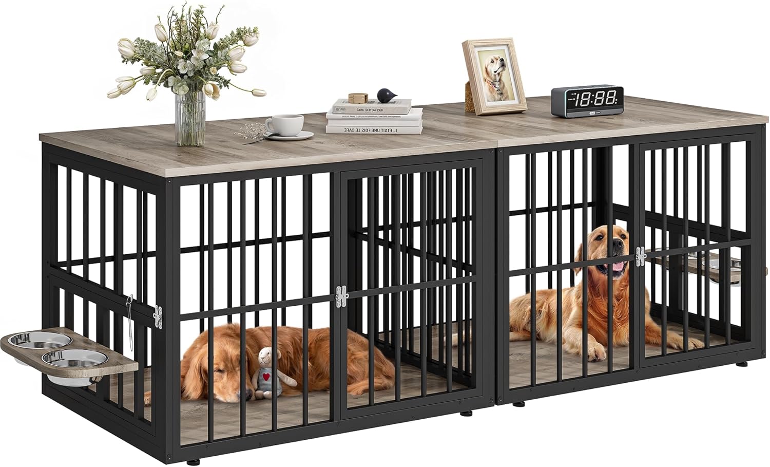 YITAHOME 88.6" Double Dog Crate Furniture, Wooden Dog Kennel with Bowls & 3 Doors, Large Double Crate Furniture TV Stand, Grey