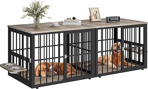 YITAHOME Mueble de jaula doble para perros de 88.6 pulgadas, perrera de madera para perros con cuencos y 3 puertas, soporte de TV grande para Gris