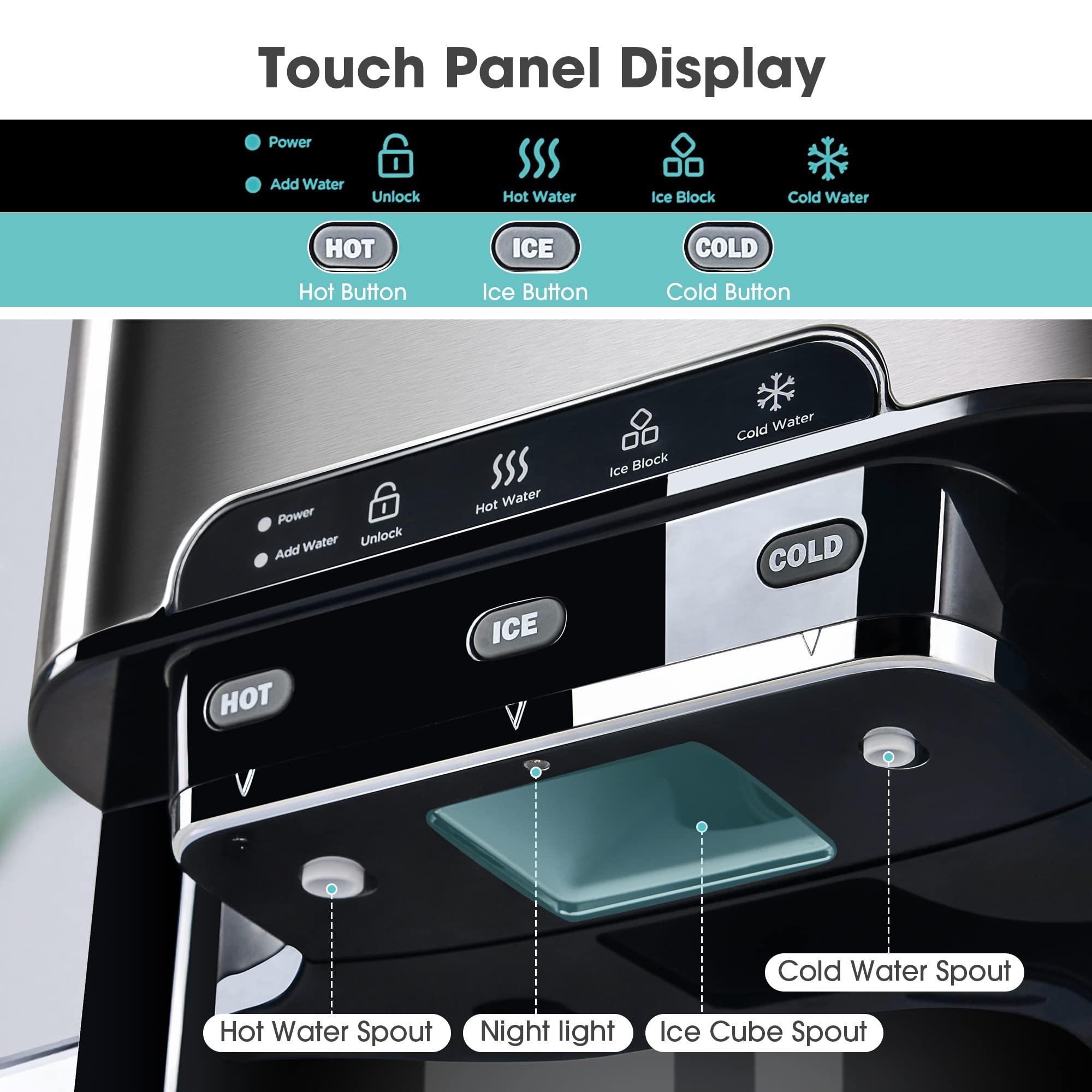 MNSSRN Automatic Dispense Countertop Ice Maker, Portable Water Cooler, Quick 6 Minutes Makes Ice, Hot Cold Water and Ice, Top Loading Or Bottleless on Fridge.com
