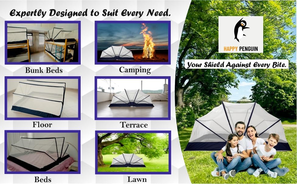 Image of Happy Penguin Mosquito Net [Foldable] Easy Setup | Lightweight Cotton, Portable & Ideal for Home & Travel | Strong & Breathable | Suitable for King Size Bed [5x6 (1 /4)]