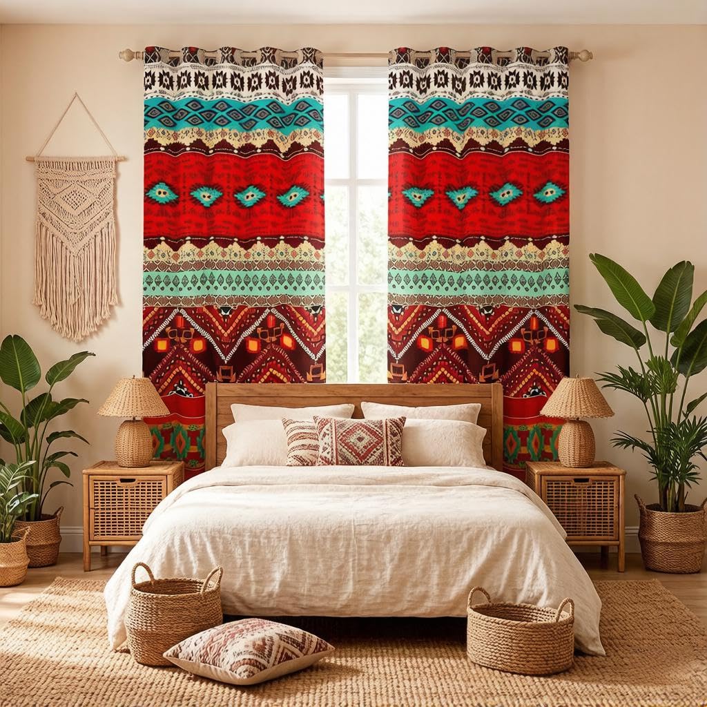 Loussiesd Ethnic Exotic Bohemian Curtains for Bedroom Boho Exotic Style Curtain Soft Lightweight Gorgeous Southwestern Window Treatment Bedroom Decor Colorful Aztec W66*L72 2 Panels — image 1