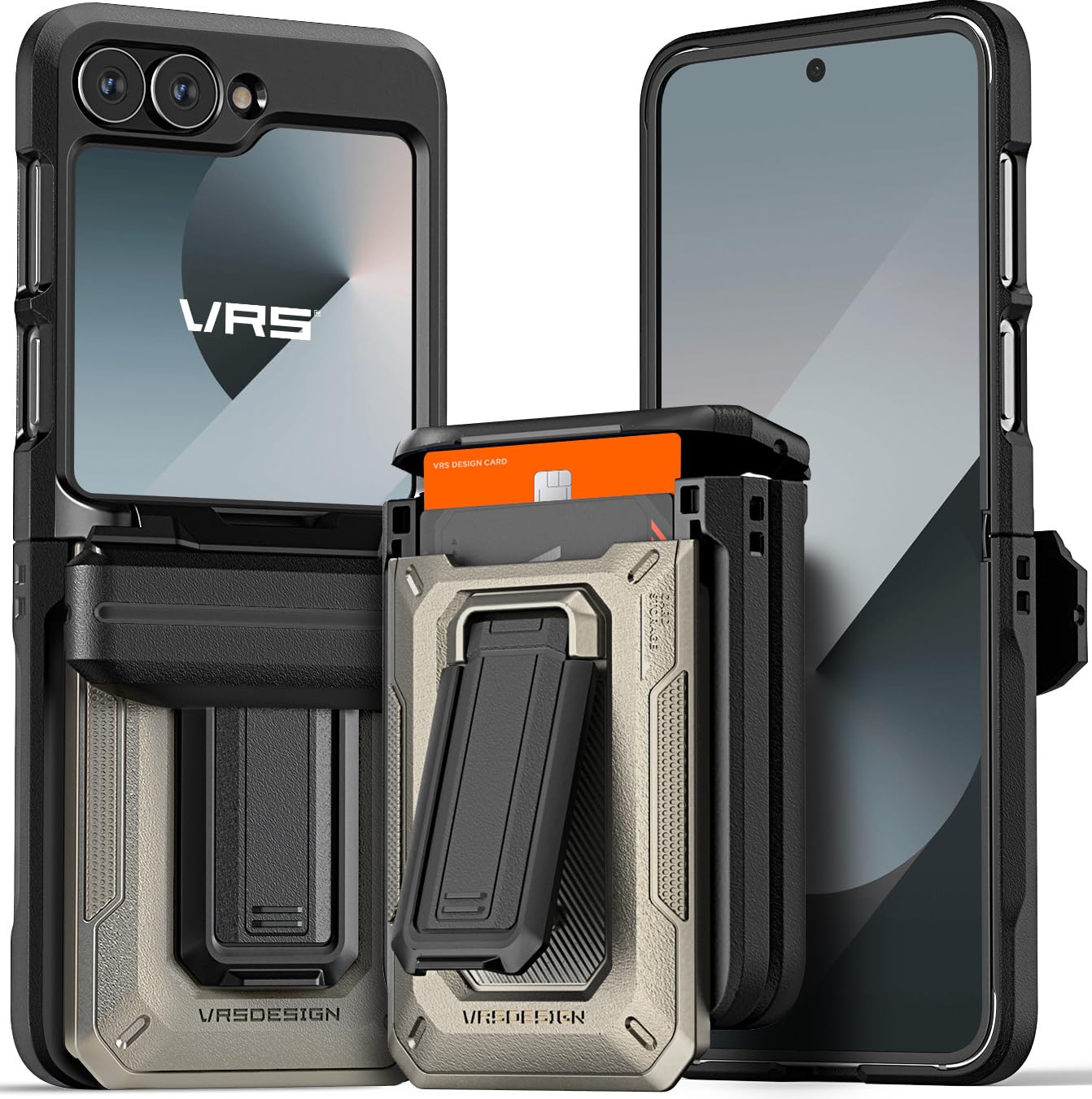 VRS DESIGN Origin for Z Flip 6, Rugged Semi-Auto Wallet Card Holder Case  [Hinge Full Cover] Built-in Kickstand, Premium Design Case Compatible