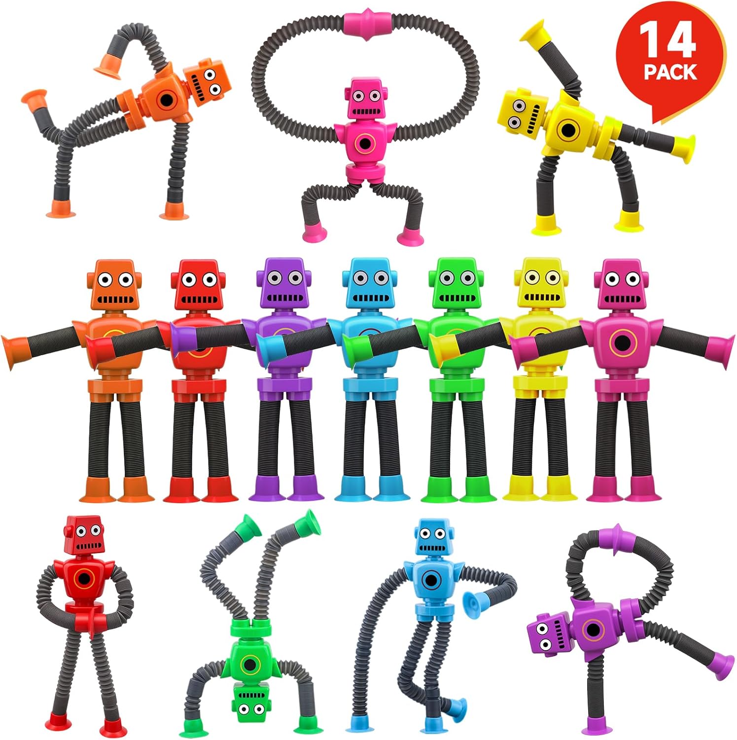 16PCS Suction Cup Robot Toy, Transformable Telescopic Pop Tubes Sensory Toy for Kids Adults, Funny Robot Action Figure Bendable Fidget Toy Gift Birthday Party Favors Christmas